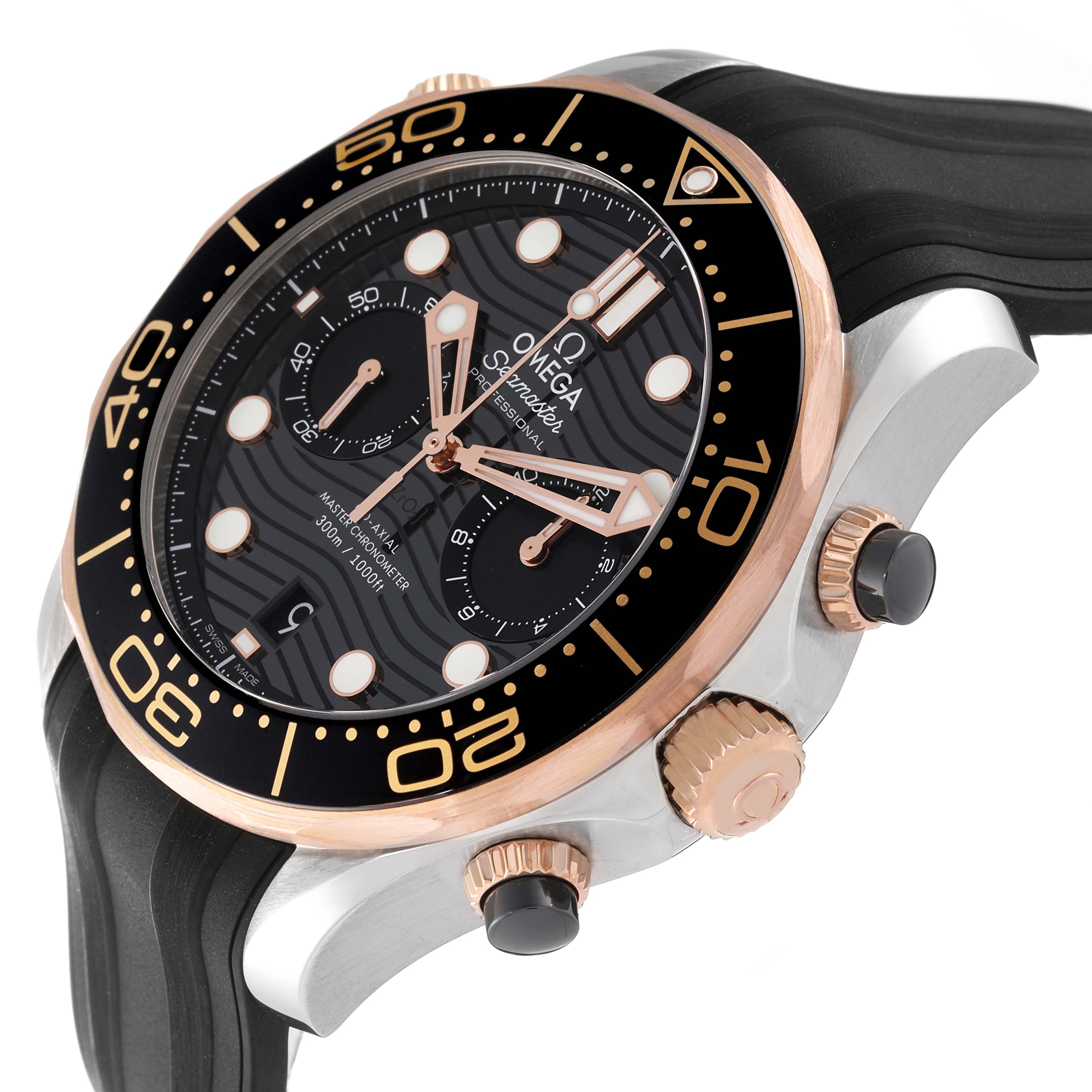 The image shows a side angle of the Omega Seamaster 210.22.44.51.01.001 Men's Steel and Gold (two tone) Black Dial 210.22.44.51.01.001 Men's Steel and Gold (two tone) Black Dial watch, highlighting the bezel, dial, and pushers.