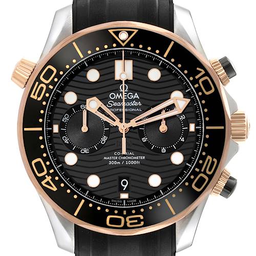 The Omega Seamaster watch is shown from a front angle, highlighting its black and gold bezel, chronograph sub-dials, and rubber strap.