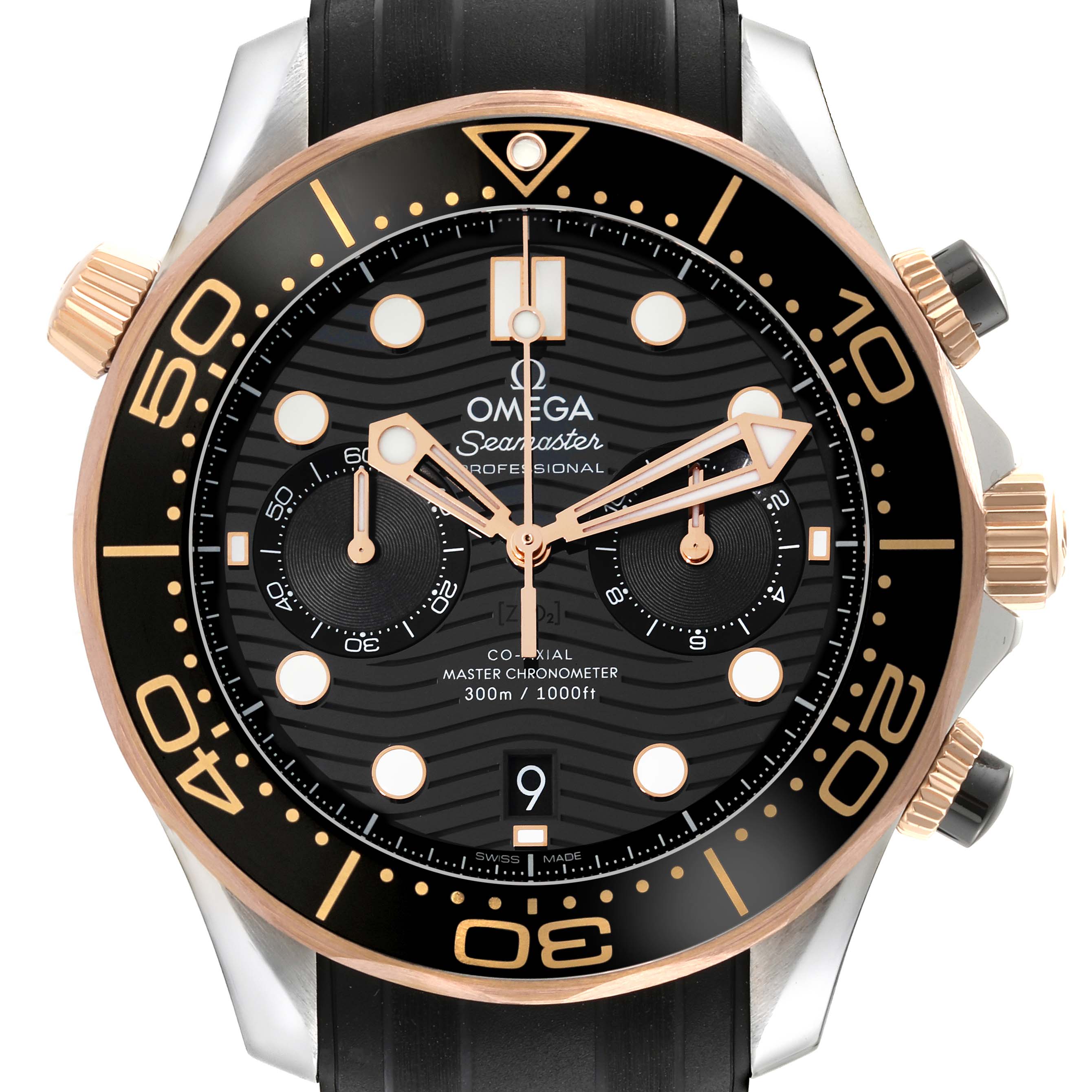 This image shows a frontal view of the Omega Seamaster 210.22.44.51.01.001 Men's Steel and Gold (two tone) Black Dial 210.22.44.51.01.001 Men's Steel and Gold (two tone) Black Dial watch, highlighting its dial, bezel, hands, and chronograph subdials.