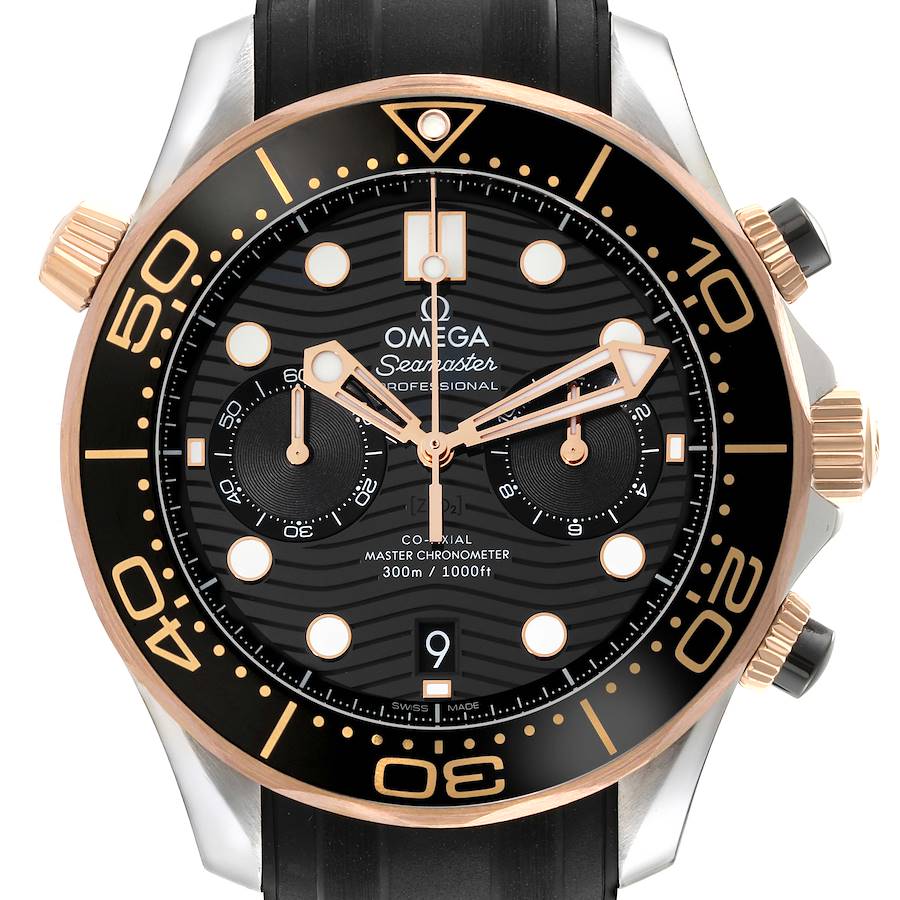 This image shows a frontal view of the Omega Seamaster watch, highlighting its dial, bezel, hands, and chronograph subdials.