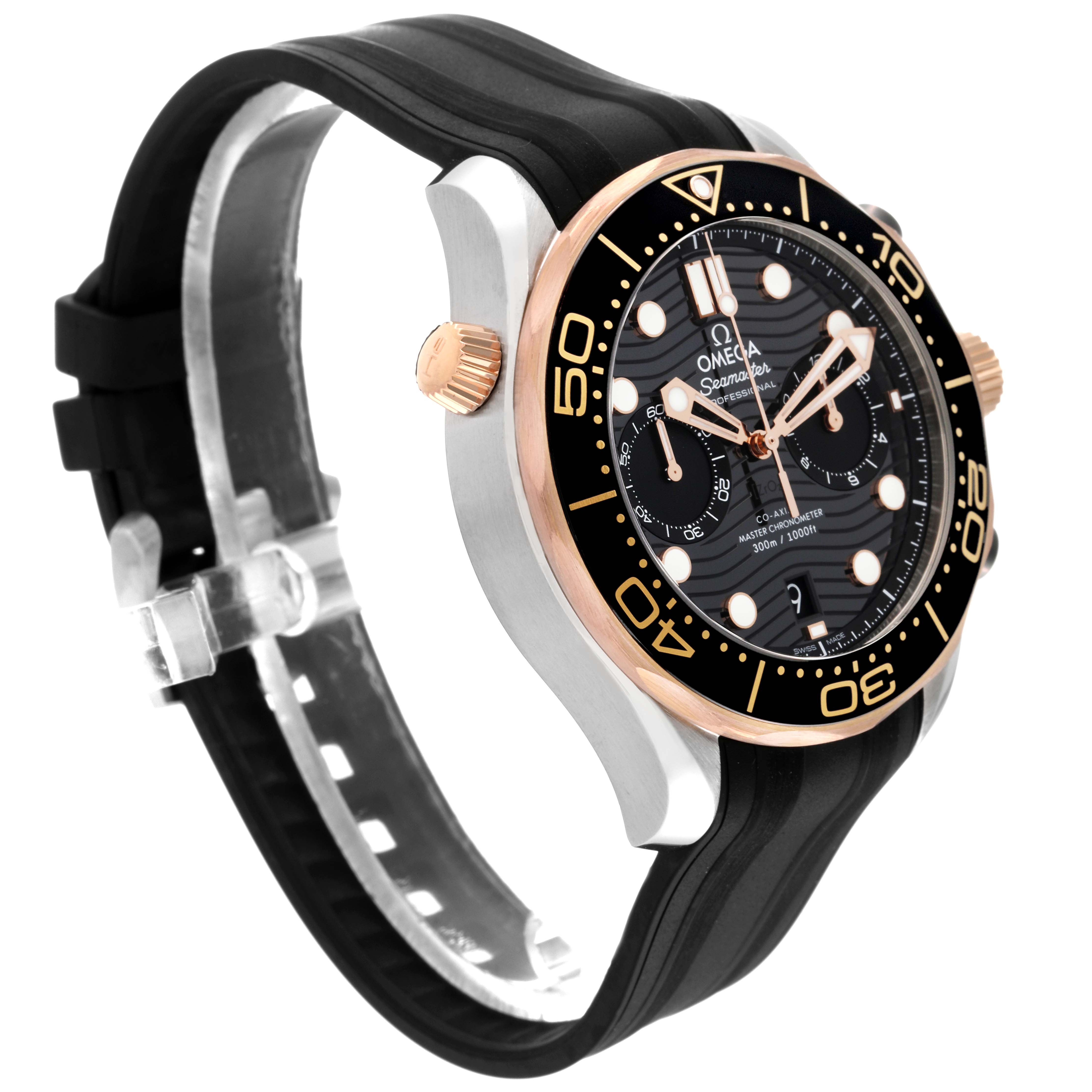 The Omega Seamaster 210.22.44.51.01.001 Men's Steel and Gold (two tone) Black Dial 210.22.44.51.01.001 Men's Steel and Gold (two tone) Black Dial watch is viewed from the left front angle, showcasing the bezel, crown, and black rubber strap.