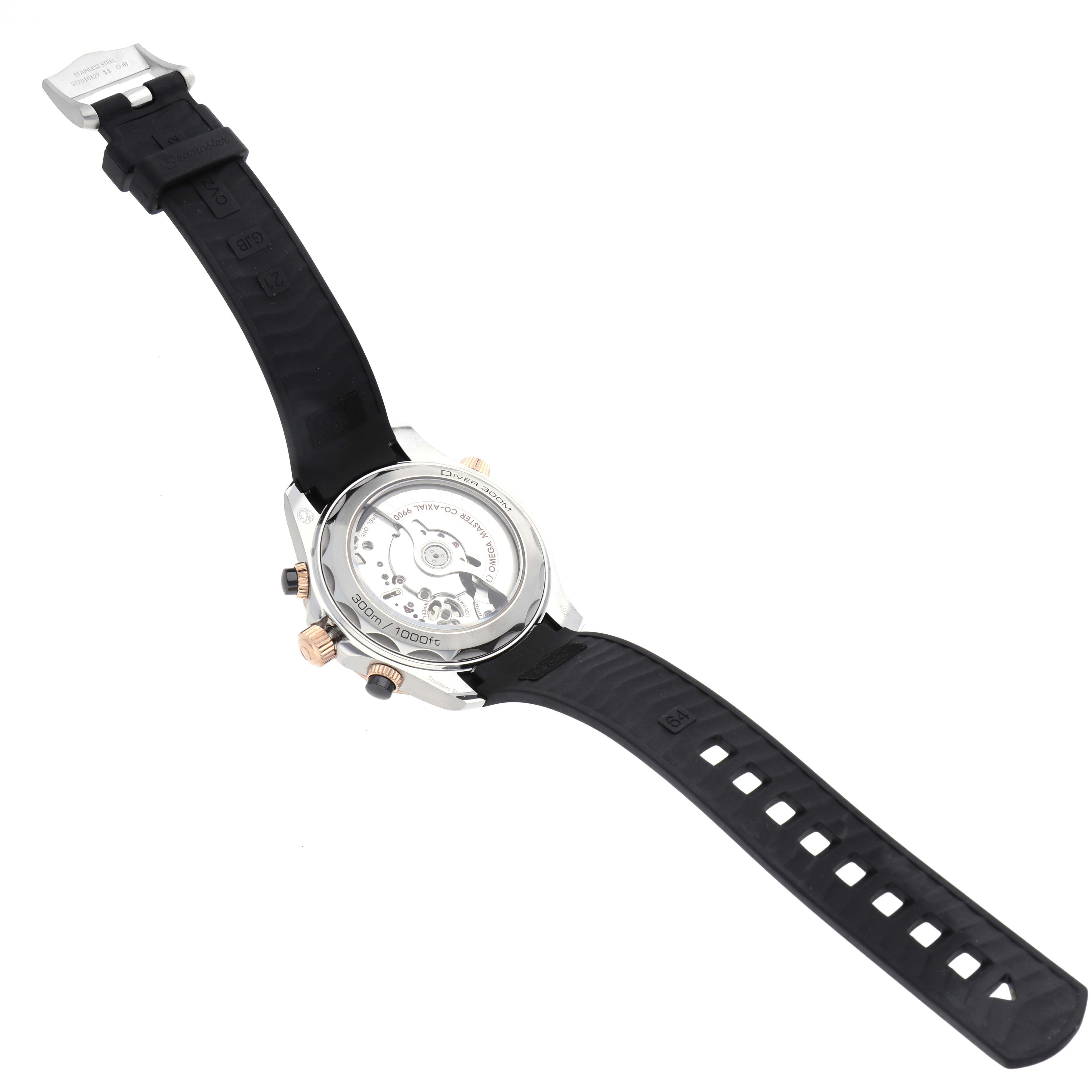 This image shows the back view of an Omega Seamaster 210.22.44.51.01.001 Men's Steel and Gold (two tone) Black Dial 210.22.44.51.01.001 Men's Steel and Gold (two tone) Black Dial watch, highlighting the case back and black rubber strap.