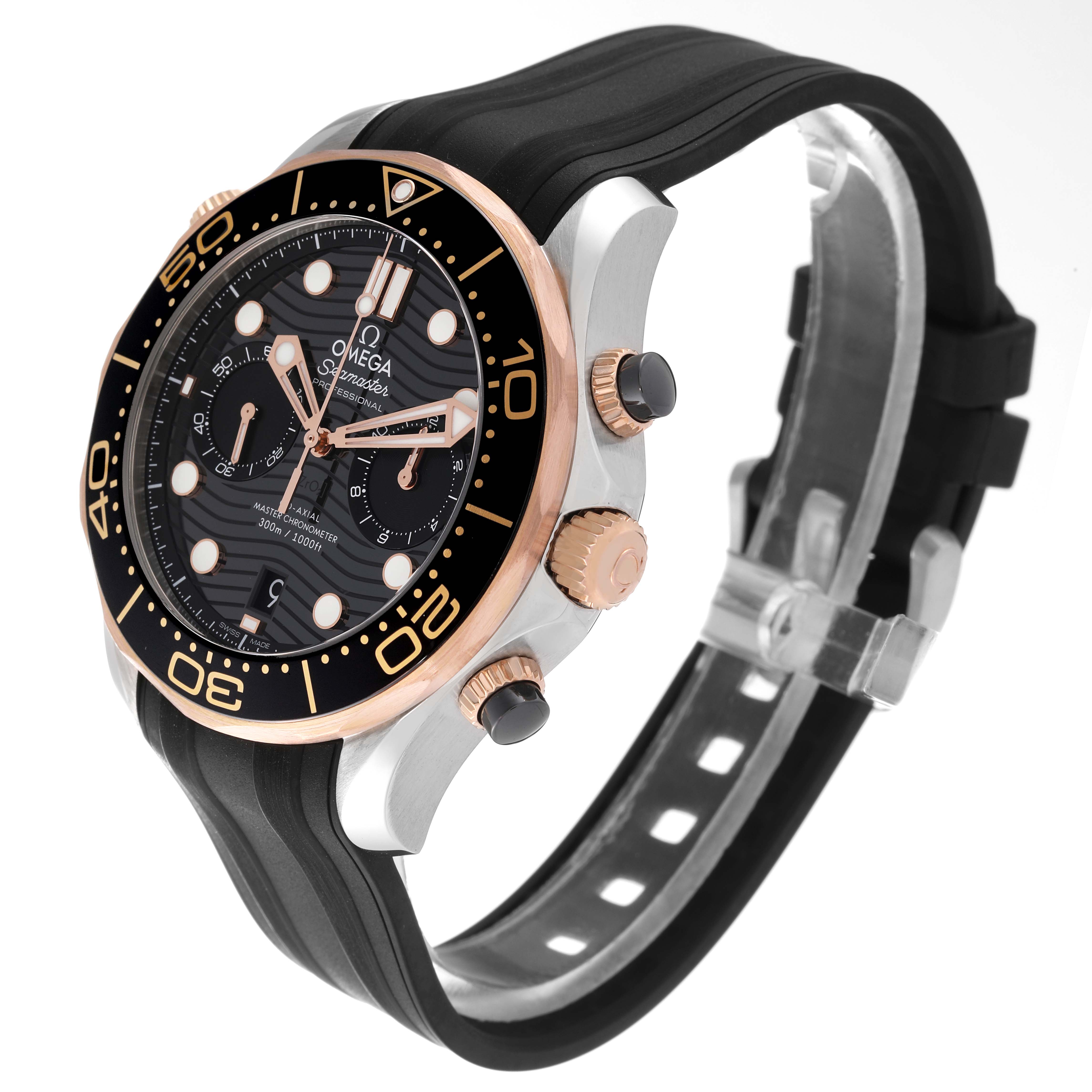 This image shows an Omega Seamaster 210.22.44.51.01.001 Men's Steel and Gold (two tone) Black Dial 210.22.44.51.01.001 Men's Steel and Gold (two tone) Black Dial watch at an angled side view, highlighting the black dial, bezel, crown, and rubber strap.