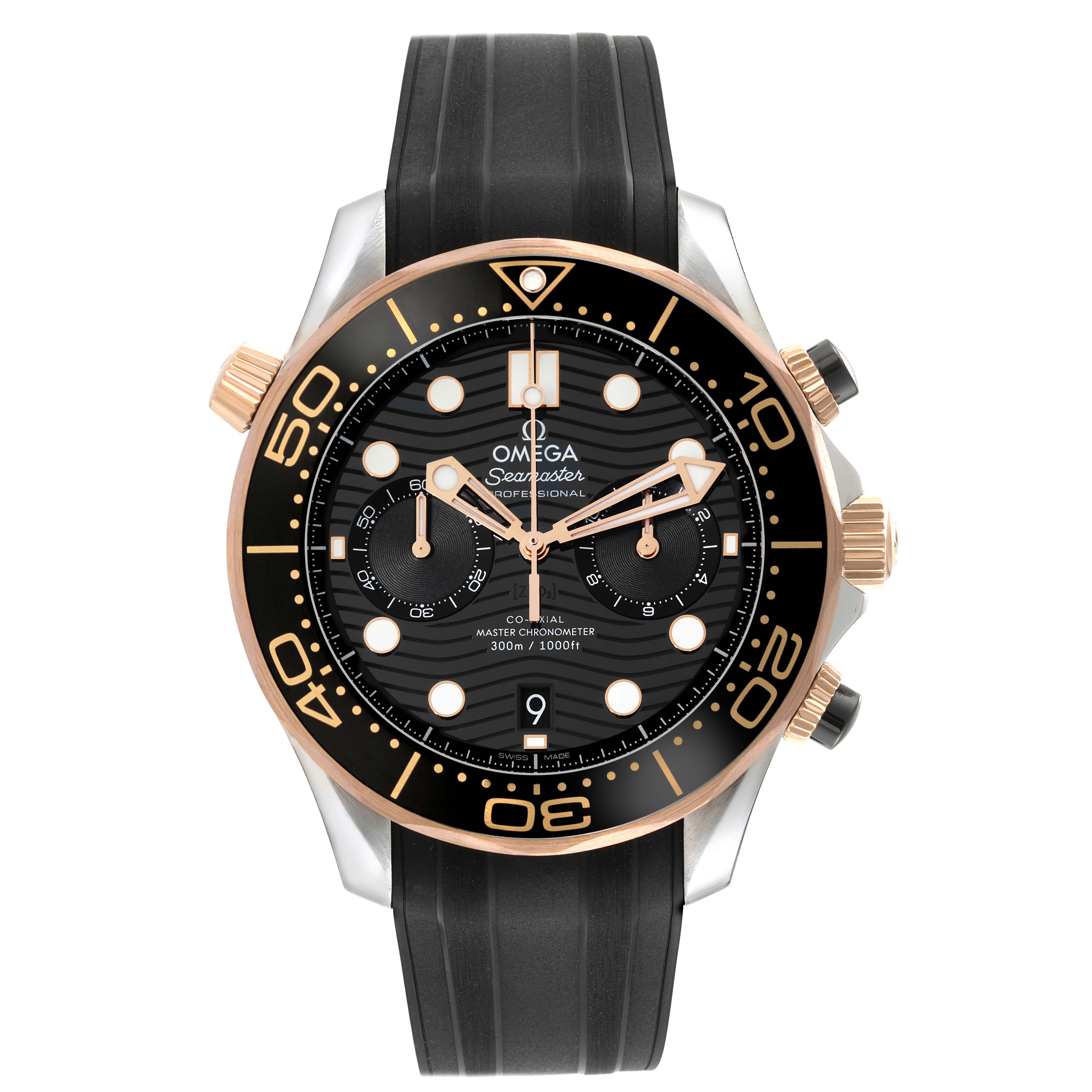 This image shows a front view of the Omega Seamaster 210.22.44.51.01.001 Men's Steel and Gold (two tone) Black Dial 210.22.44.51.01.001 Men's Steel and Gold (two tone) Black Dial watch, highlighting its black dial, gold accents, chronograph sub-dials, and black rubber strap.
