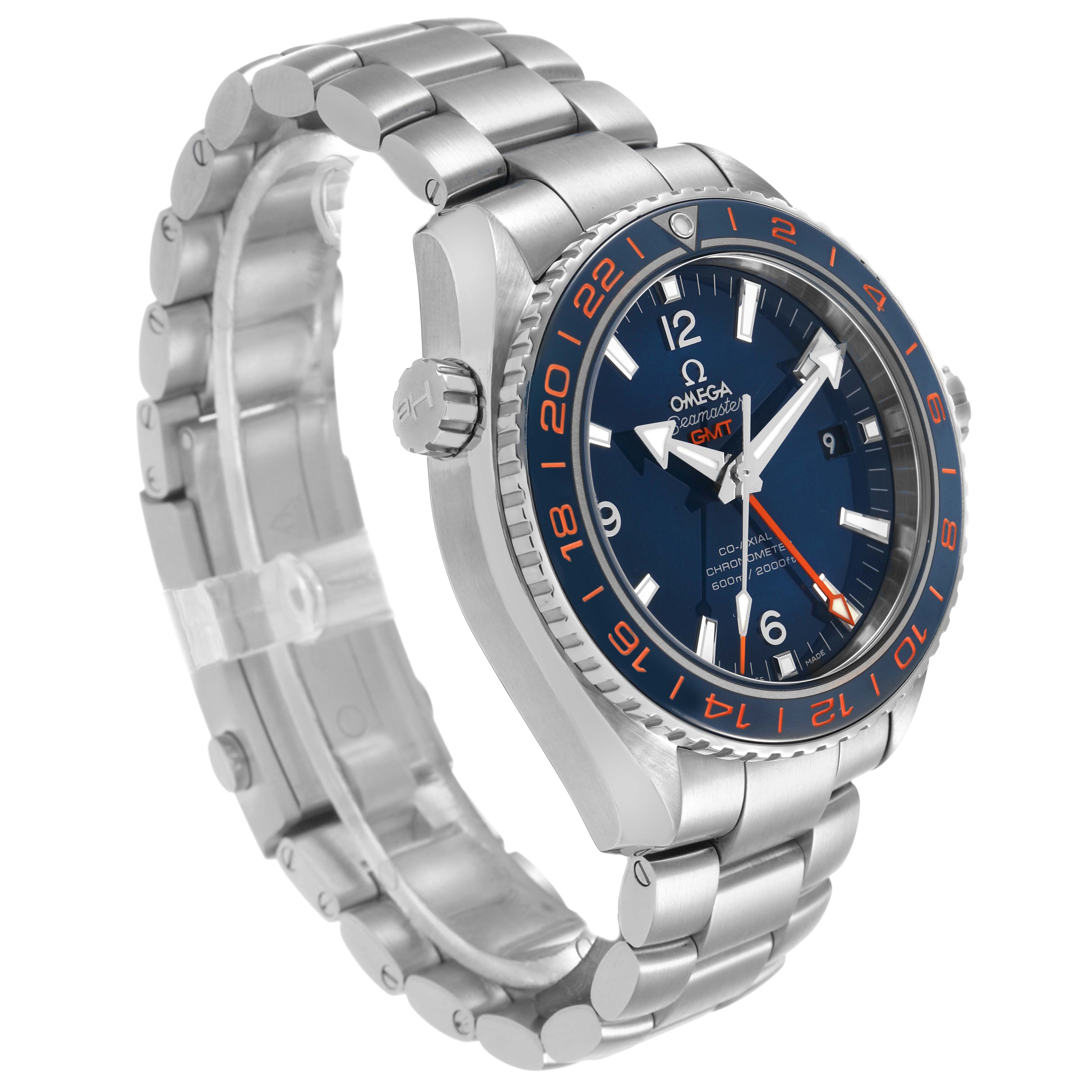 The Omega Planet Ocean 232.30.44.22.03.001 Men's Stainless Steel Blue Dial watch is shown at a three-quarter angle, highlighting the face, bezel, and bracelet.