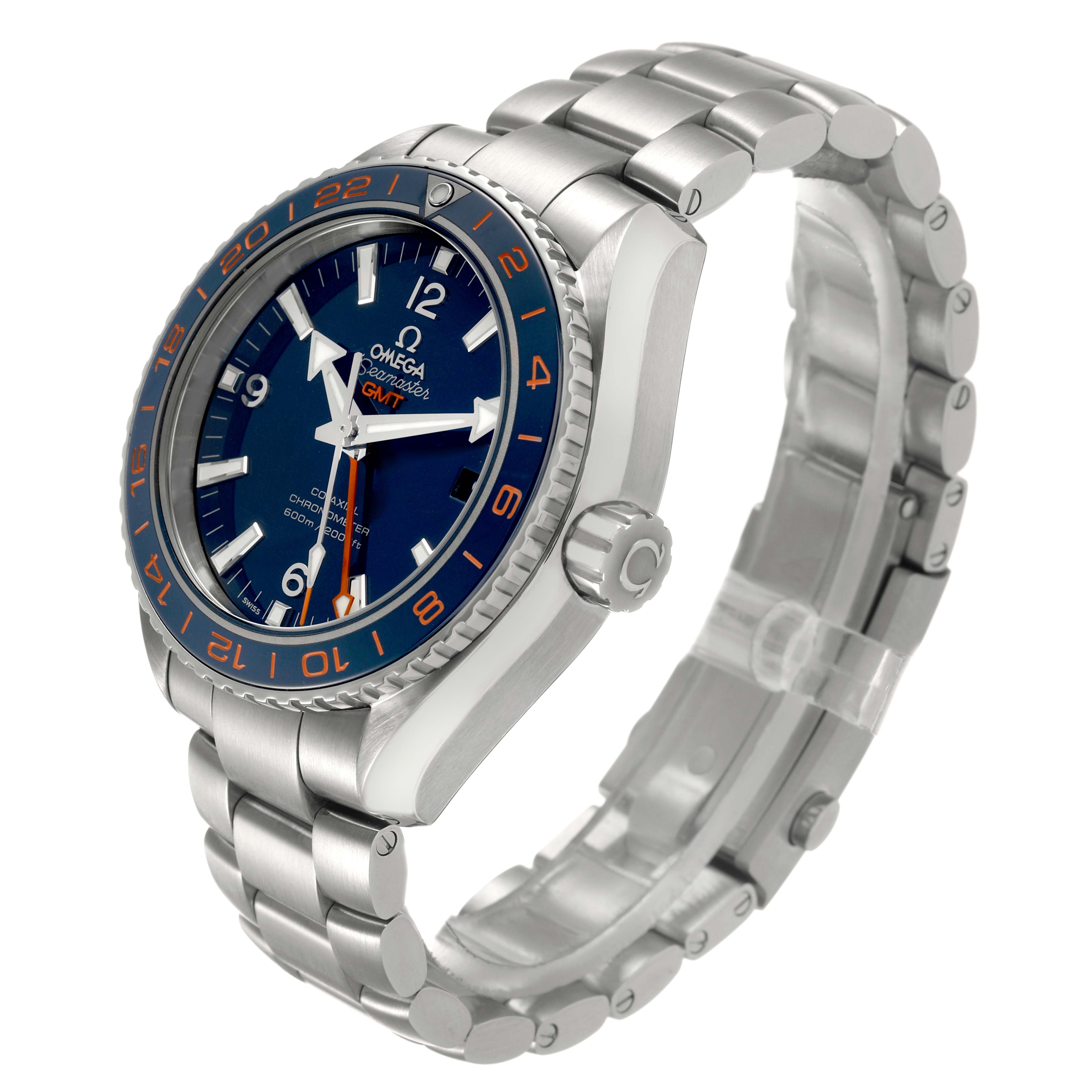 The Omega Planet Ocean 232.30.44.22.03.001 Men's Stainless Steel Blue Dial watch is shown at a three-quarter angle, displaying the dial, bezel, case, and bracelet.