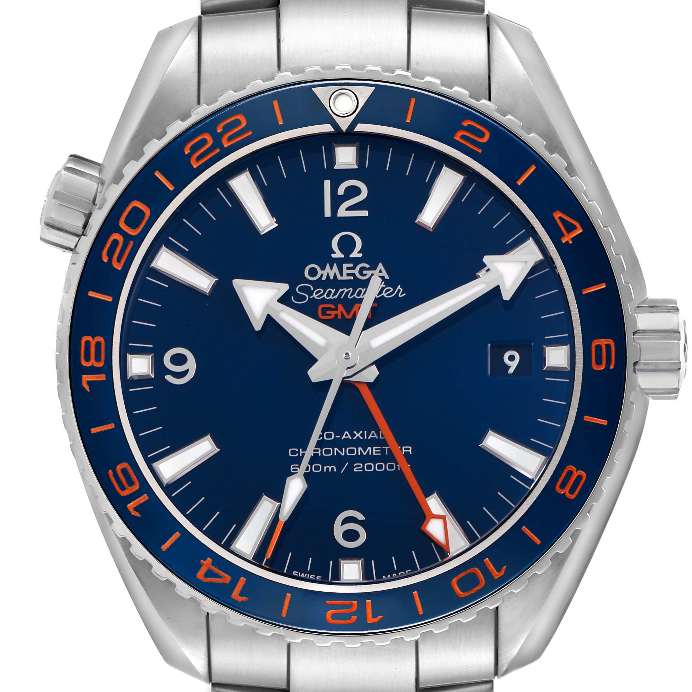 The Omega Planet Ocean 232.30.44.22.03.001 Men's Stainless Steel Blue Dial watch is shown from a top-down angle, displaying its face, hands, bezel, and part of its bracelet.