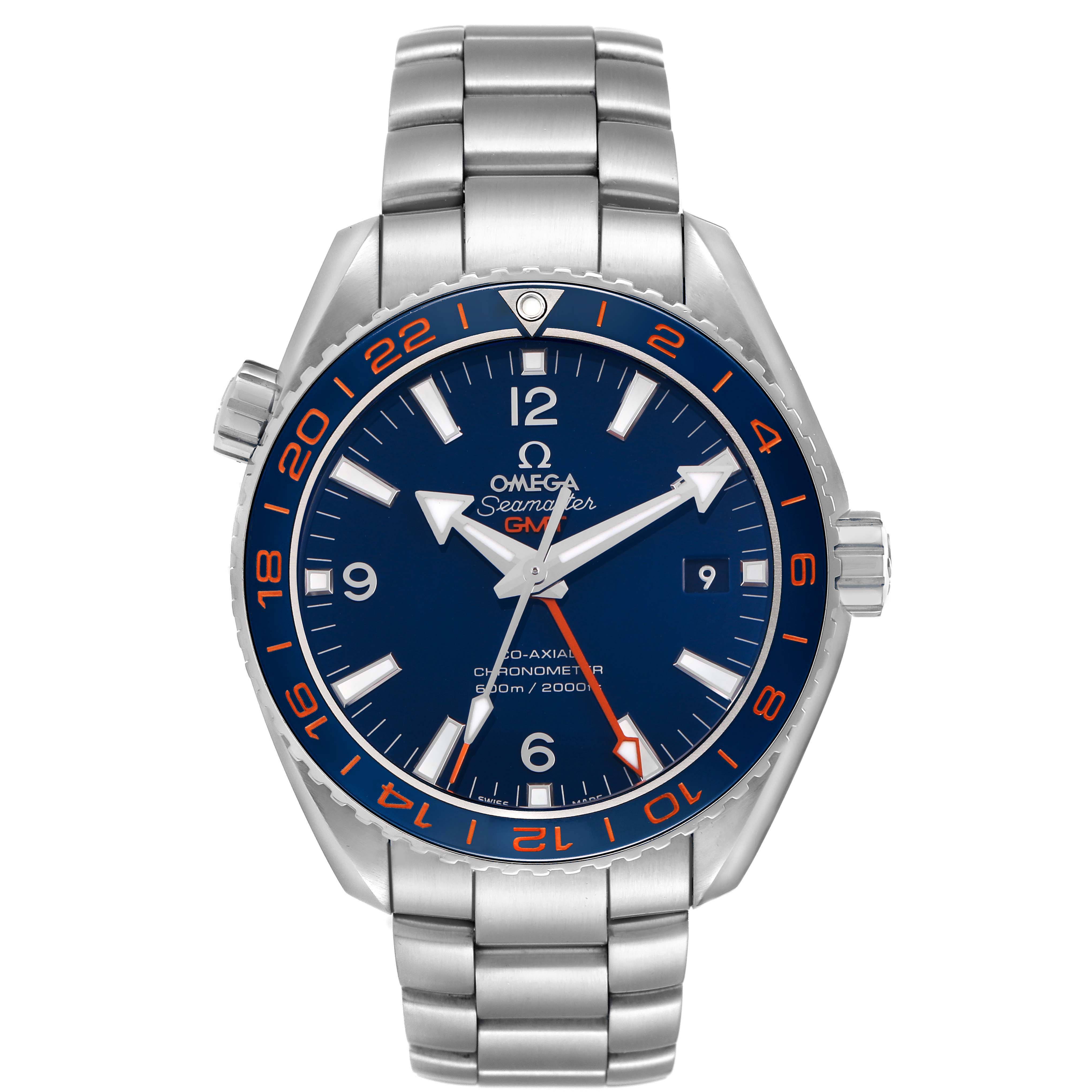 The Omega Planet Ocean 232.30.44.22.03.001 Men's Stainless Steel Blue Dial watch is shown from the front, displaying the face, hands, bracelet, and bezel details.