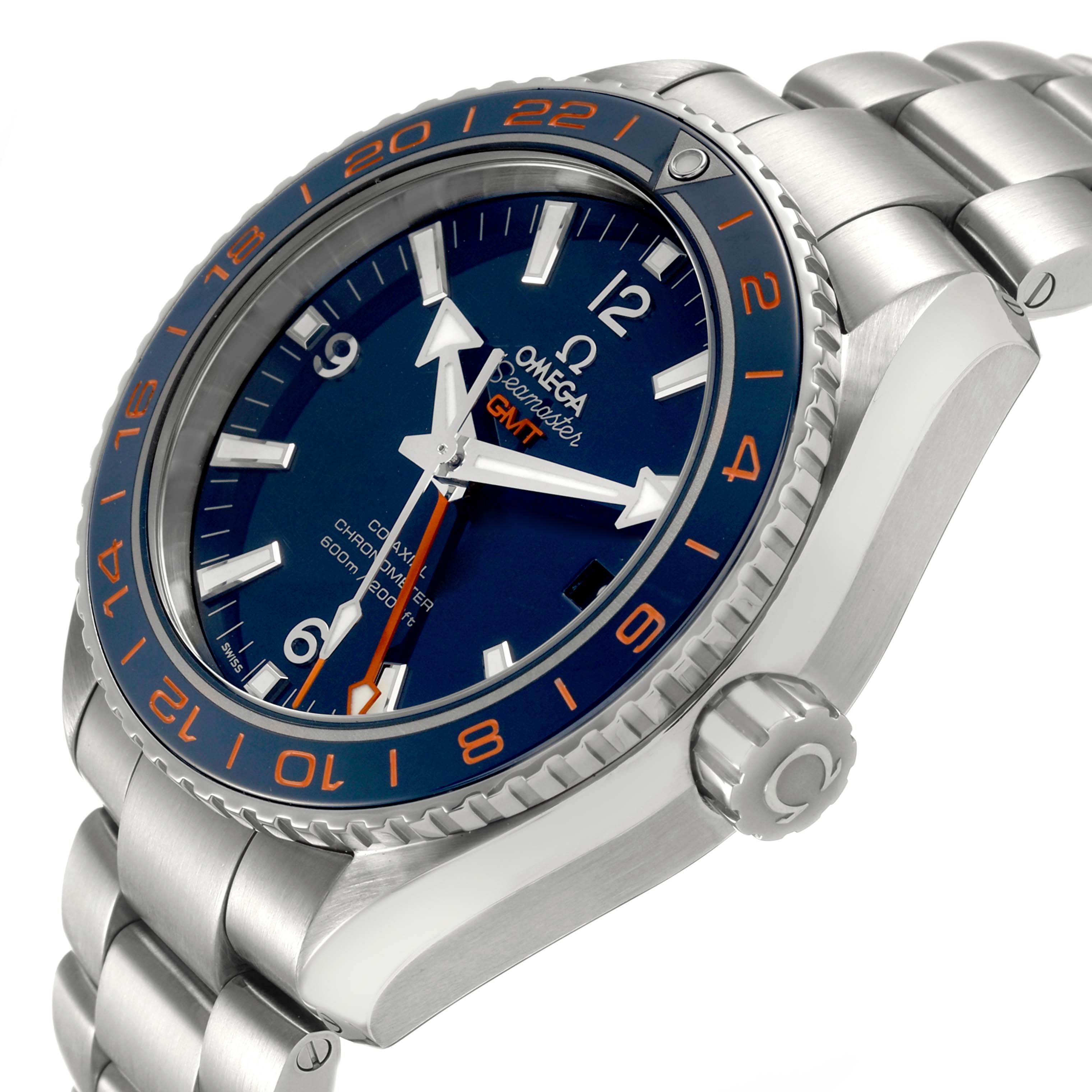 The Omega Planet Ocean 232.30.44.22.03.001 Men's Stainless Steel Blue Dial watch is angled to show its face, bezel, crown, and strap clearly.