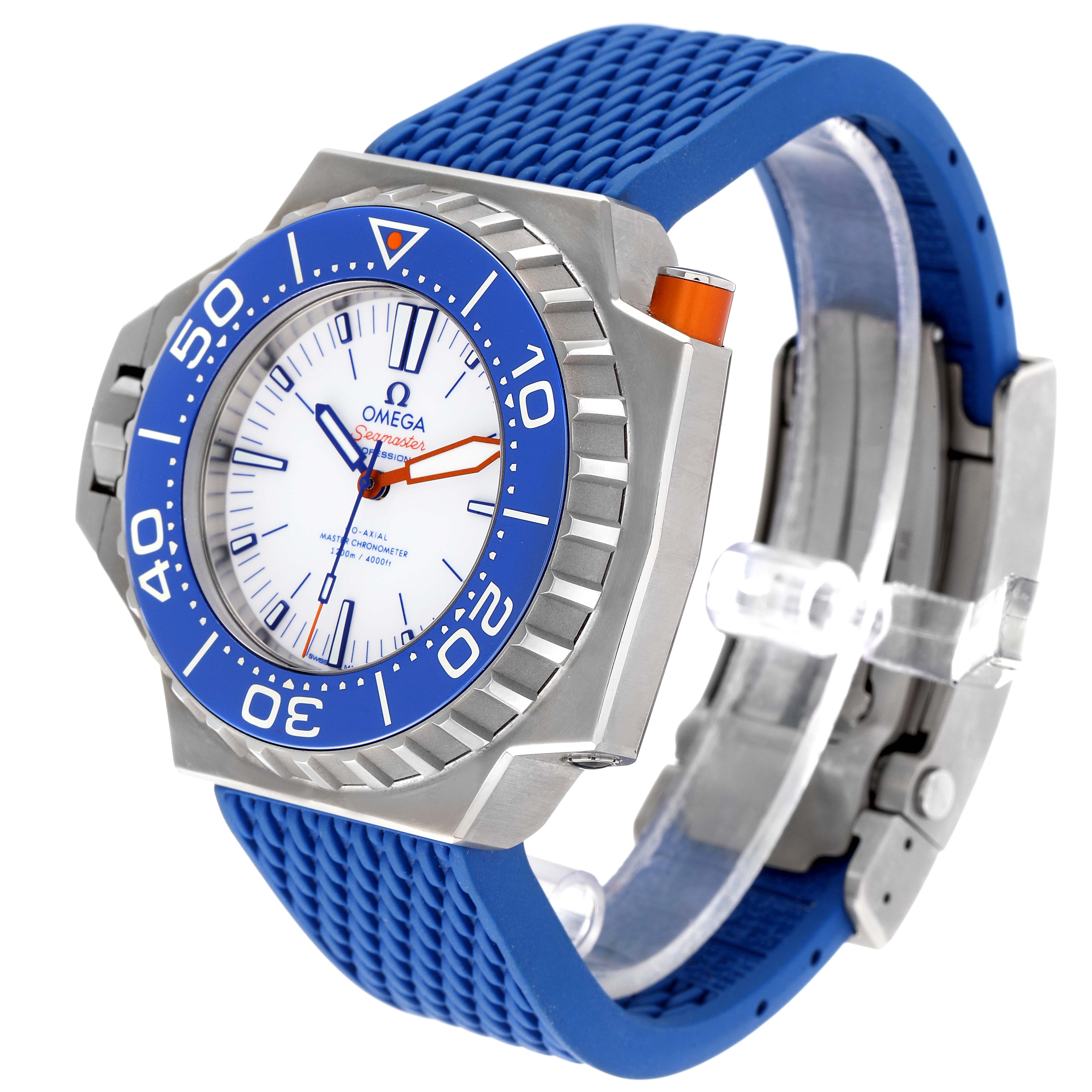 The Omega Ploprof 227.90.55.21.04.001 Men
s Titanium White Dial 227.90.55.21.04.001 Men
s Titanium White Dial watch is shown at a three-quarter angle, displaying the face, bezel, strap, and side button.