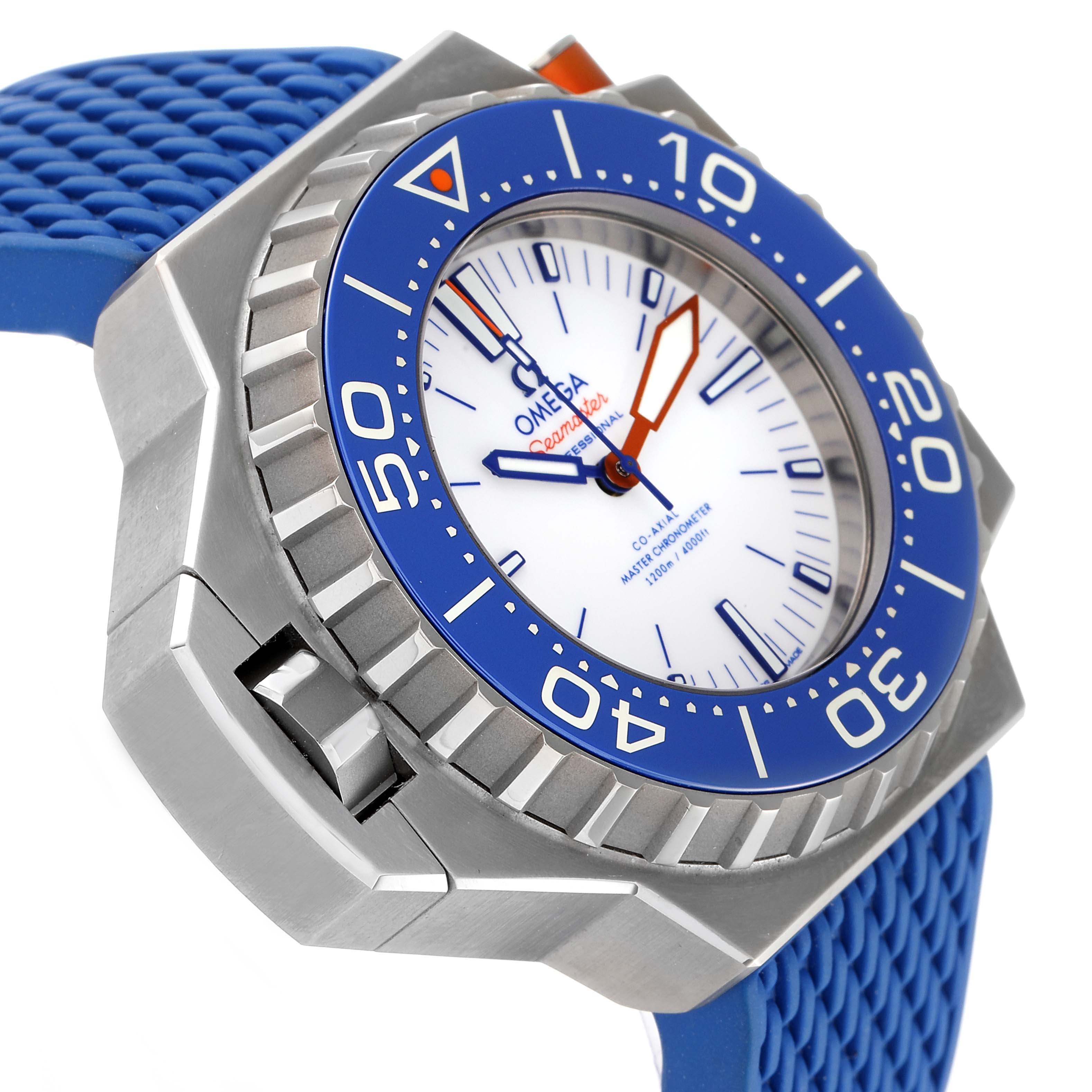 The image shows a close-up angle of an Omega Ploprof 227.90.55.21.04.001 Men
s Titanium White Dial 227.90.55.21.04.001 Men
s Titanium White Dial watch, focusing on the blue bezel, dial, and blue straps.