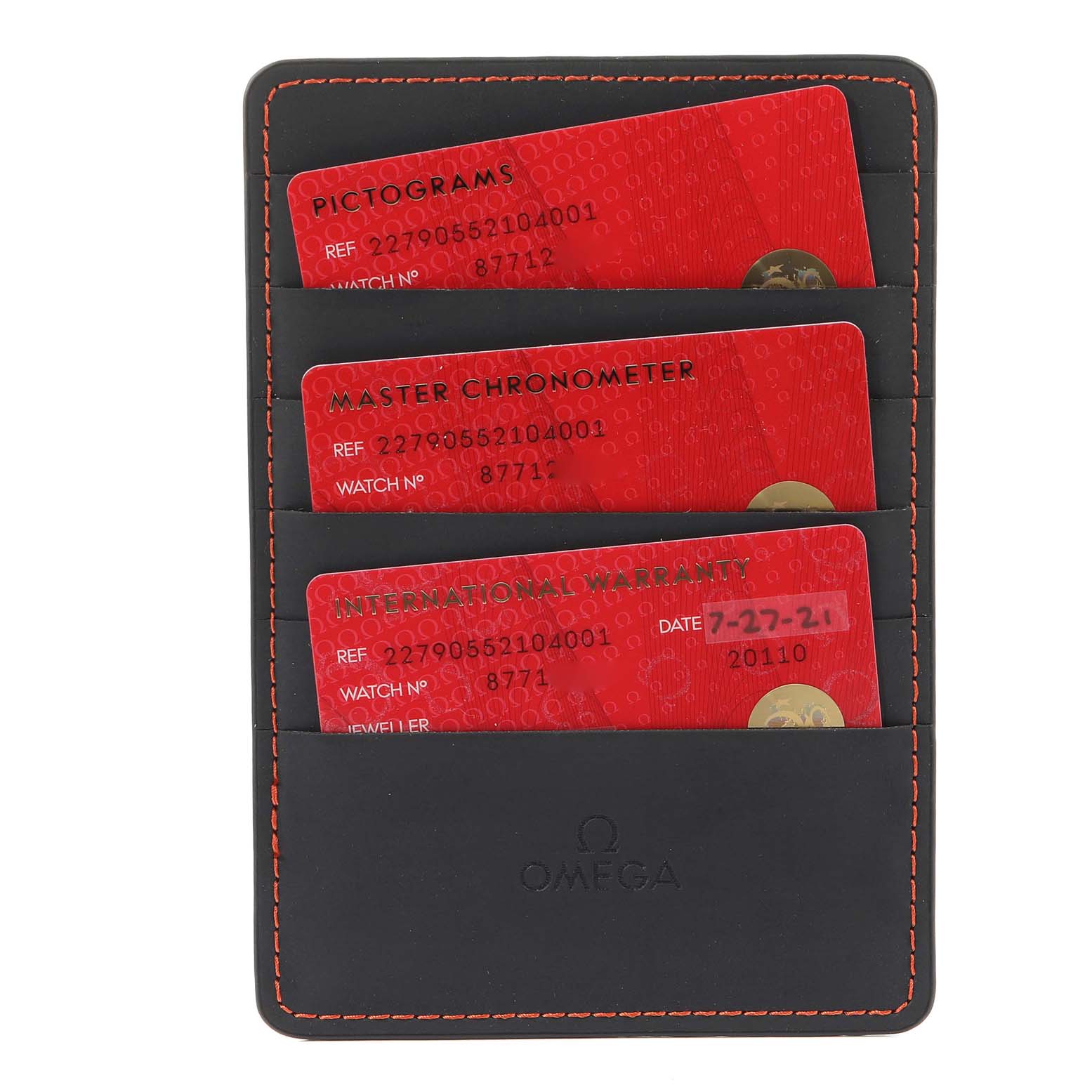 The image shows Omega Ploprof 227.90.55.21.04.001 Men
s Titanium White Dial 227.90.55.21.04.001 Men
s Titanium White Dial model certification and warranty cards in a black holder with orange stitching.