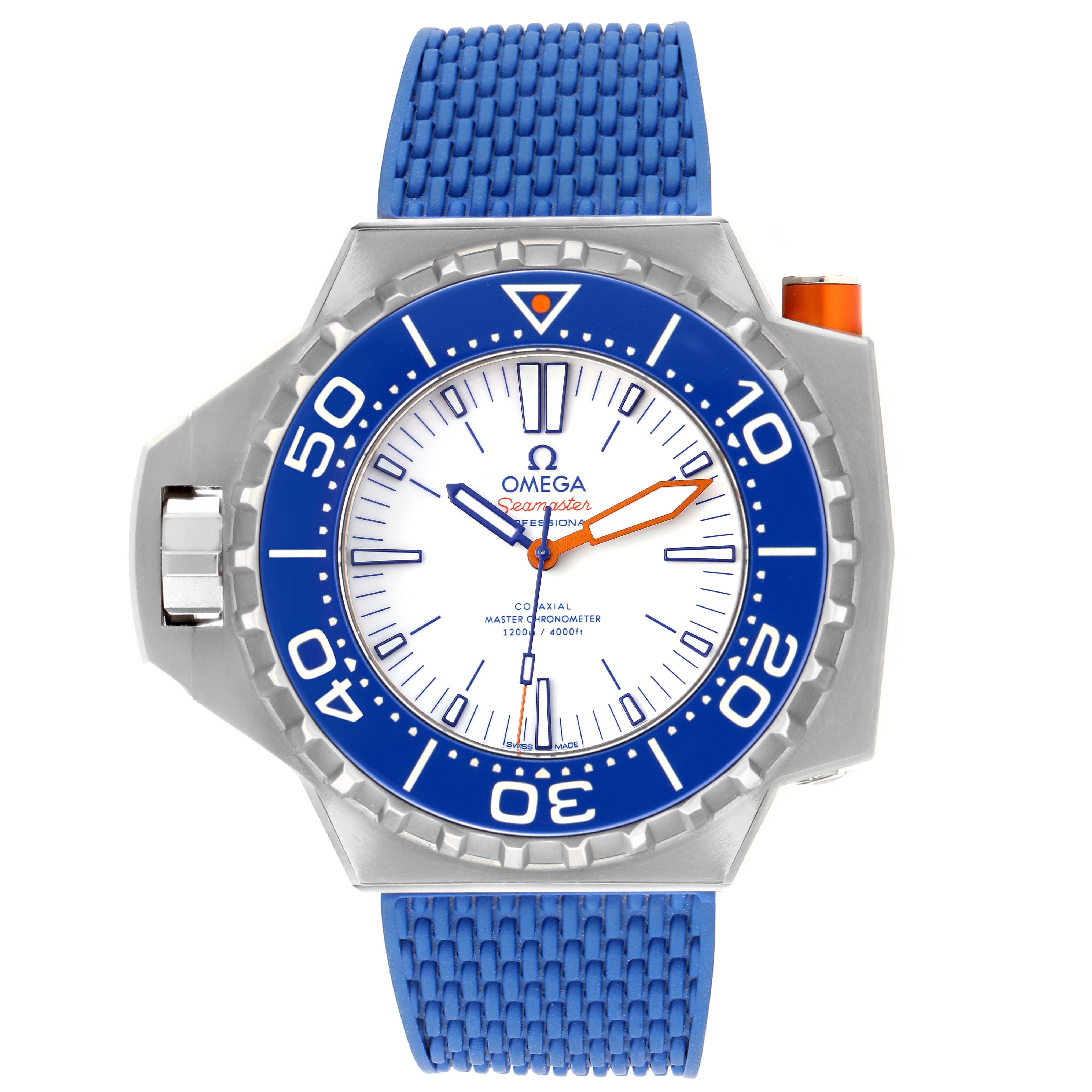 The image shows a front view of the Omega Seamaster Ploprof watch with a blue strap and bezel, and orange accents.