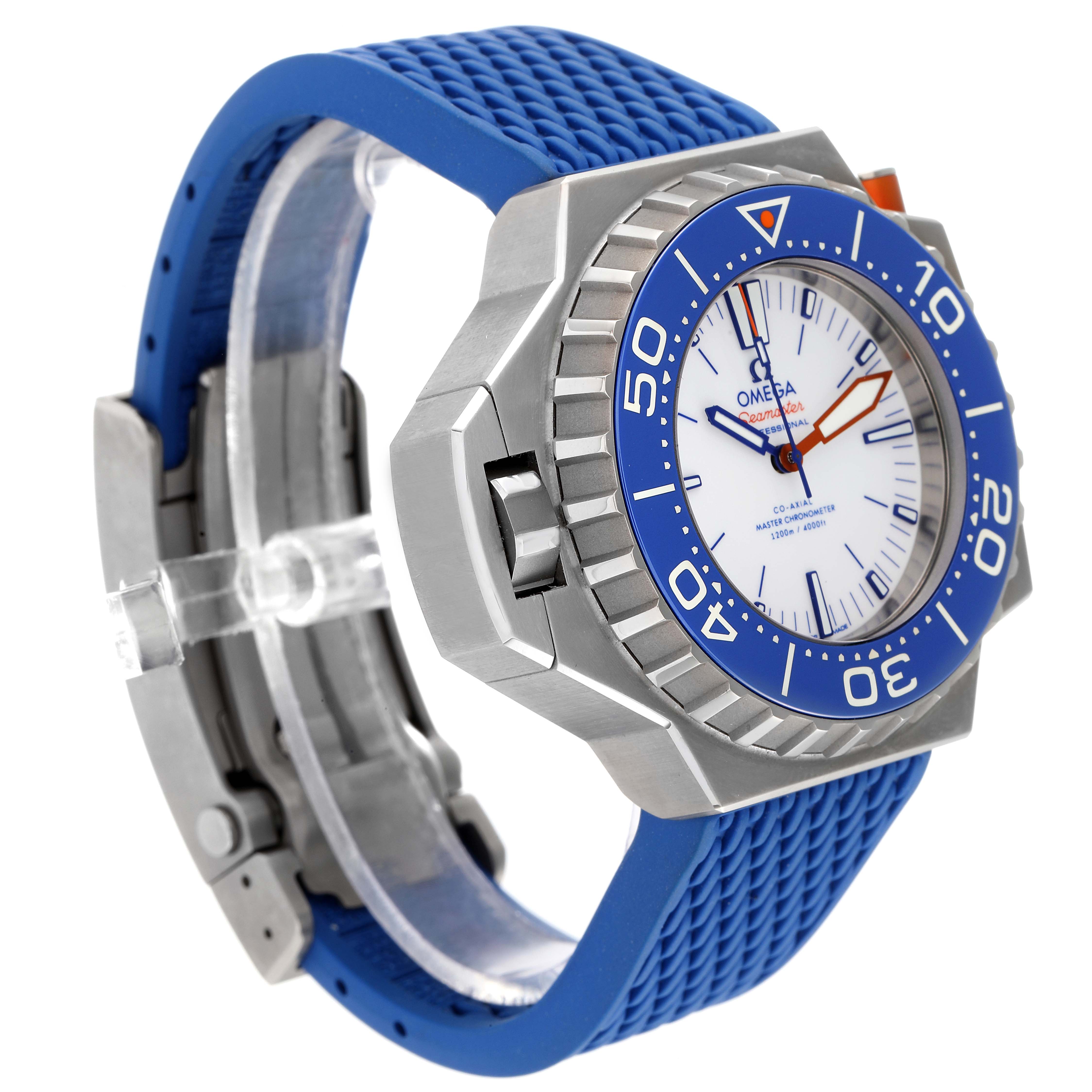 This image shows the Omega Ploprof 227.90.55.21.04.001 Men
s Titanium White Dial 227.90.55.21.04.001 Men
s Titanium White Dial watch at a slight angle, highlighting the face, bezel, case, and rubber strap.