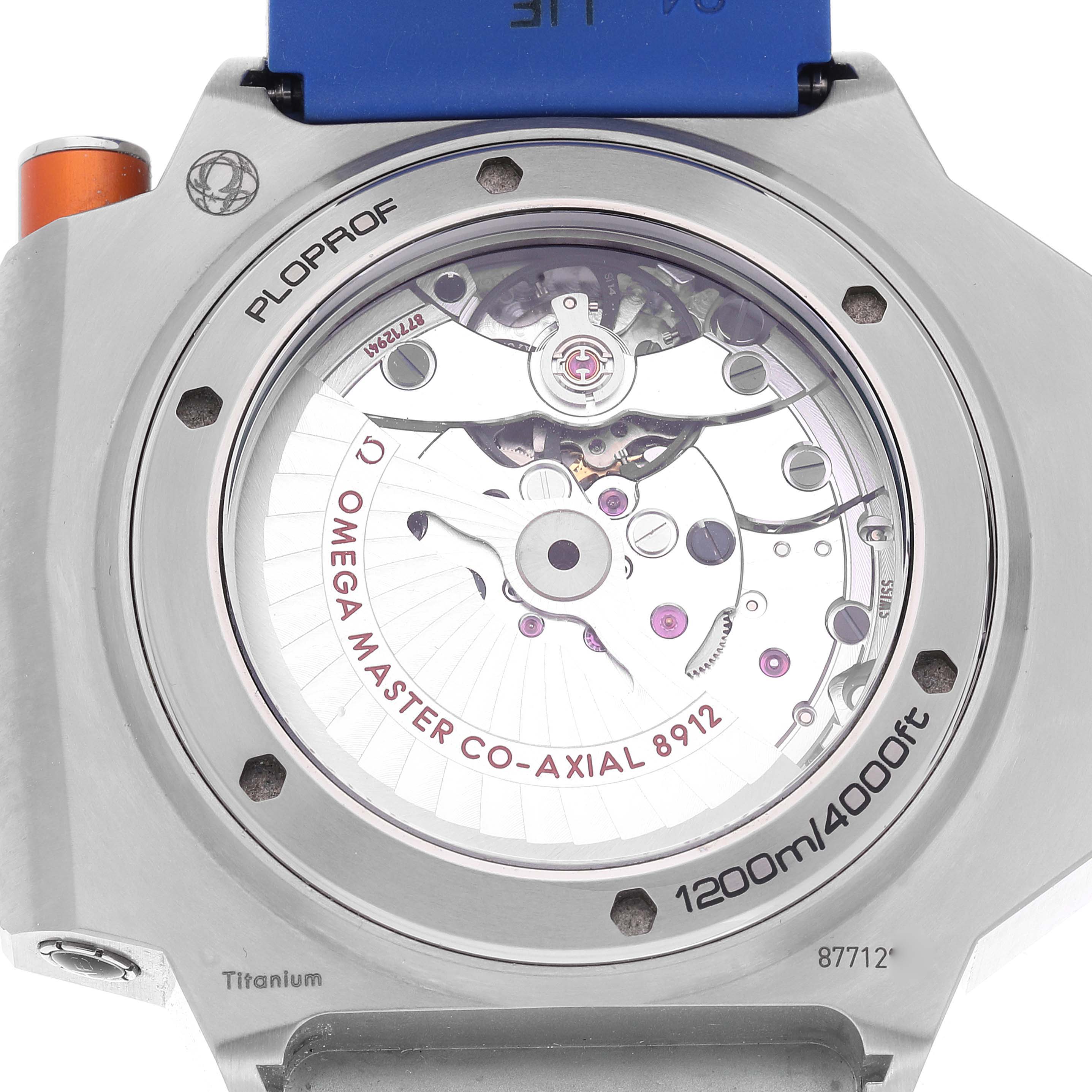 This is a rear view of the Omega Ploprof 227.90.55.21.04.001 Men
s Titanium White Dial 227.90.55.21.04.001 Men
s Titanium White Dial watch, showcasing the Omega Master Co-Axial 8912 movement inside.