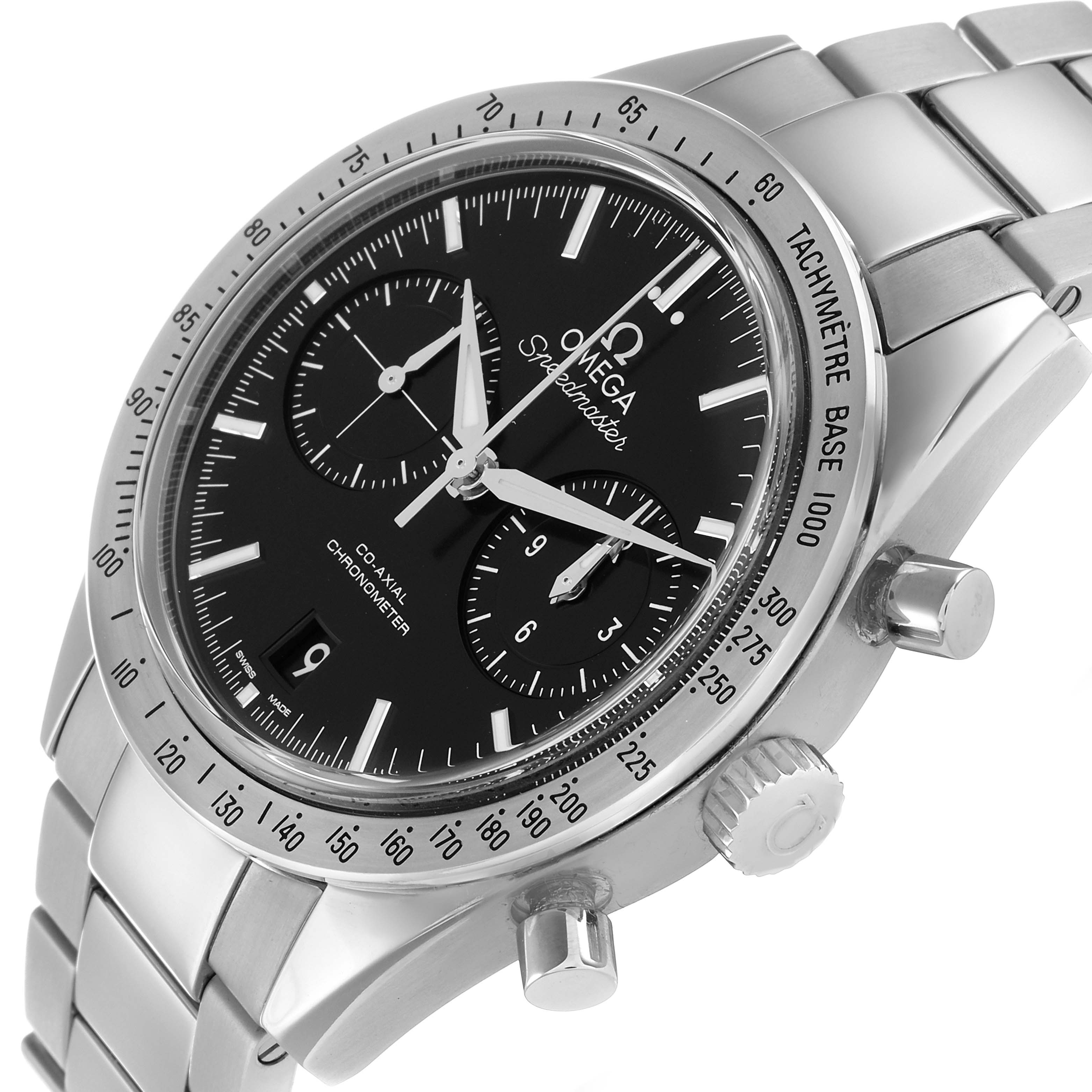 The Omega Speedmaster 331.10.42.51.01.001 Men
s Stainless Steel Black Dial watch is shown at an angled view, displaying the face, tachymeter bezel, crown, and chronograph pushers.