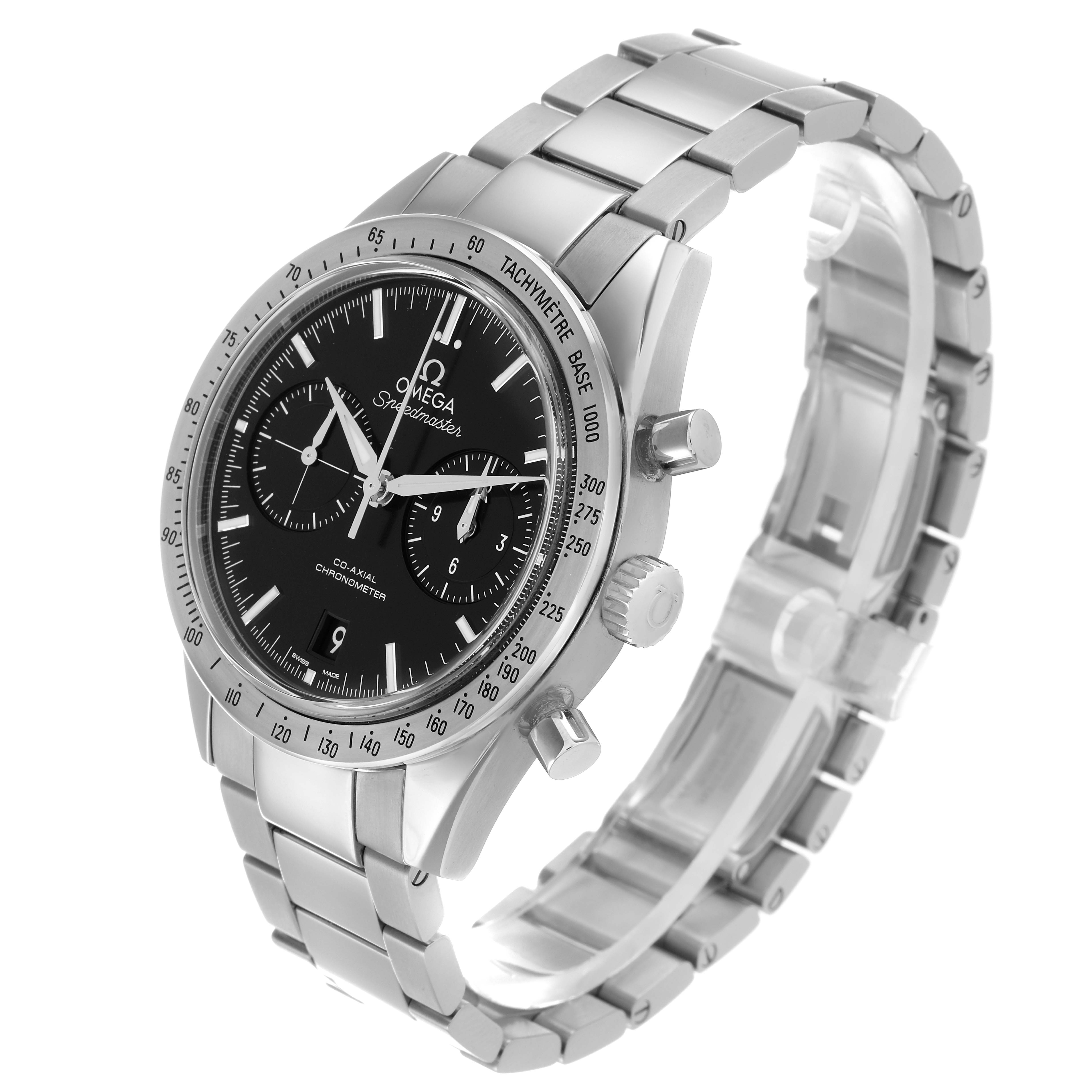The Omega Speedmaster 331.10.42.51.01.001 Men
s Stainless Steel Black Dial watch is shown at a three-quarter angle, highlighting the face, bezel, crown, pushers, and bracelet.