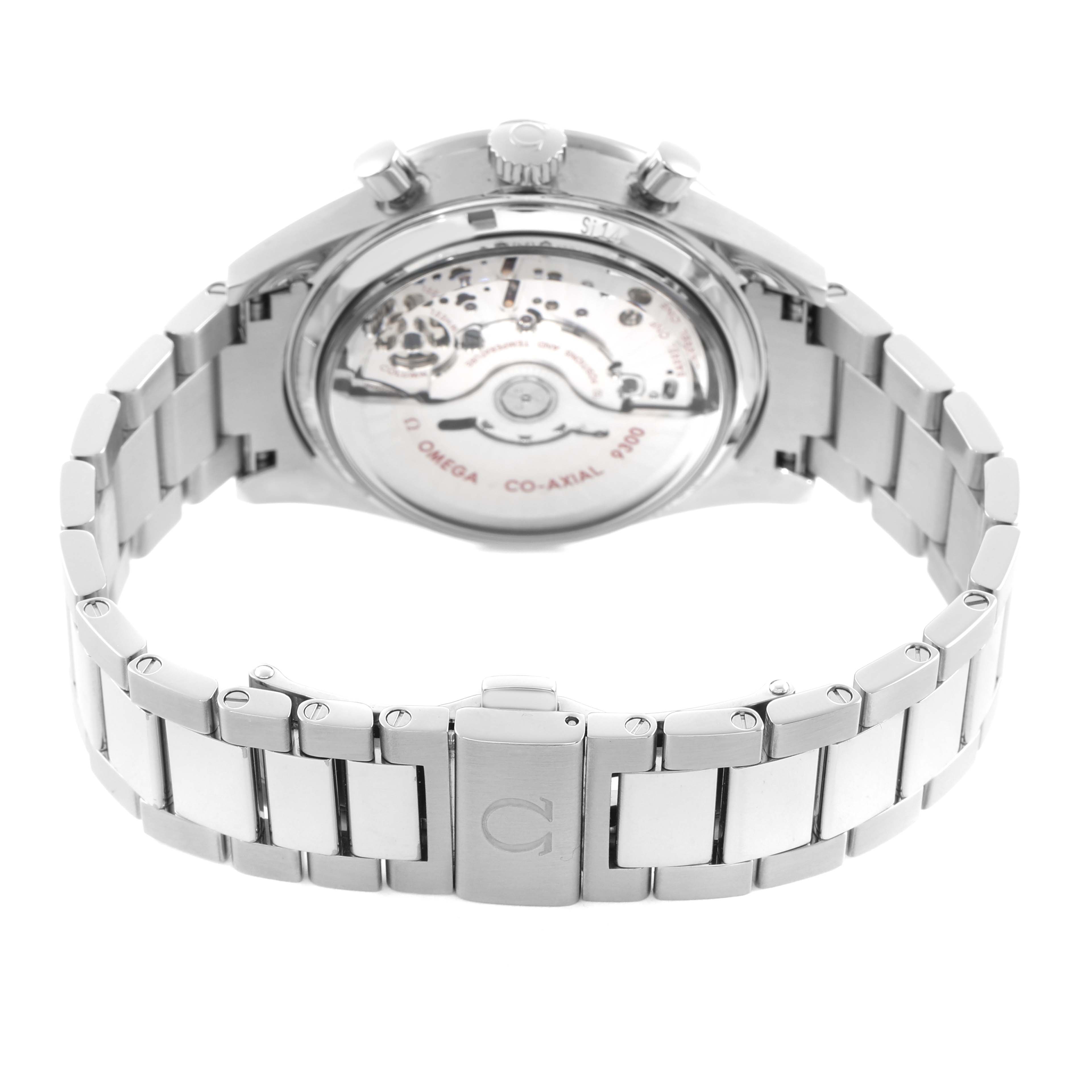 The Omega Speedmaster 331.10.42.51.01.001 Men
s Stainless Steel Black Dial is shown from the back, displaying its movement and stainless steel bracelet.