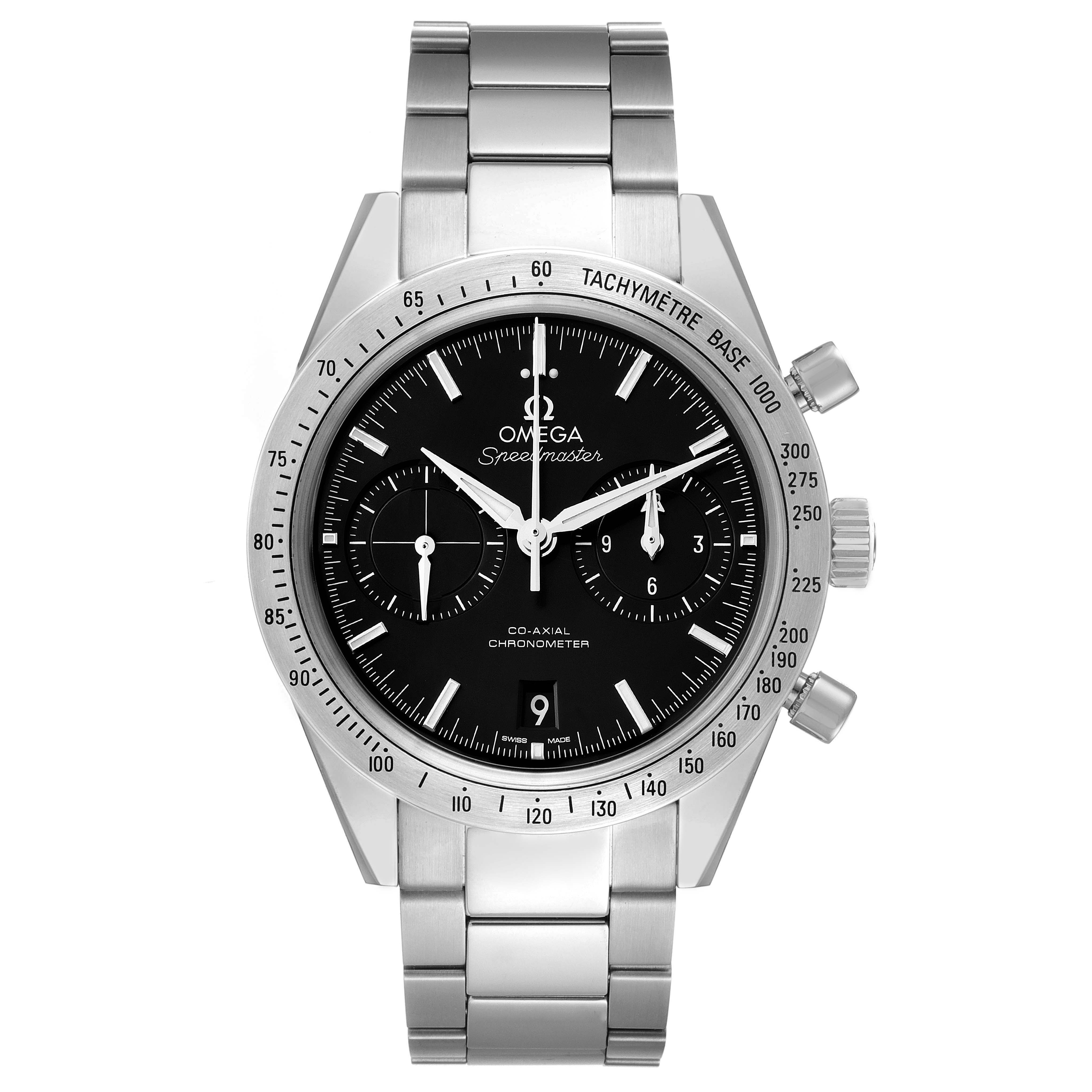 The Omega Speedmaster 331.10.42.51.01.001 Men
s Stainless Steel Black Dial watch is shown from a front angle, highlighting the dial, tachymetric bezel, and steel bracelet.