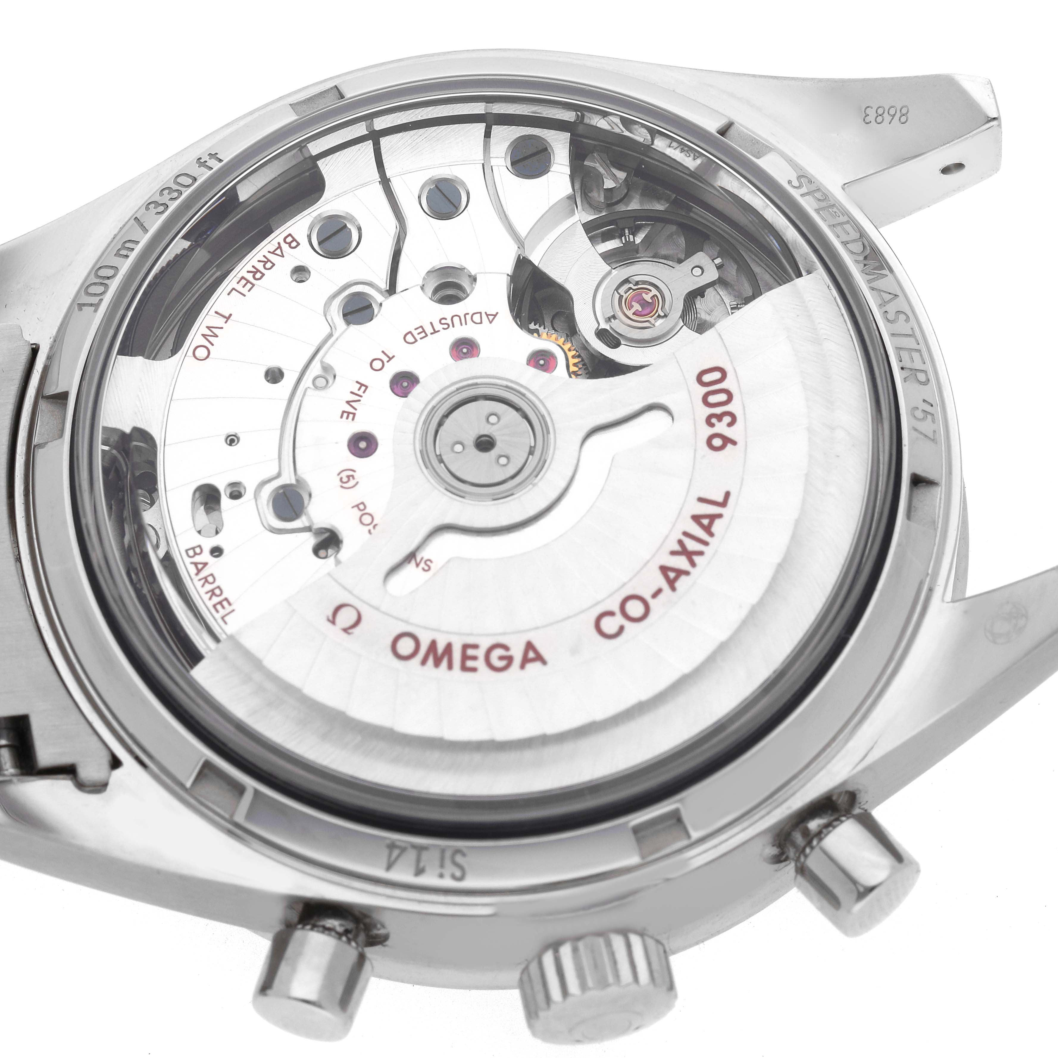 The Omega Speedmaster 331.10.42.51.01.001 Men
s Stainless Steel Black Dial is shown from the back, displaying the co-axial movement and mechanical components.