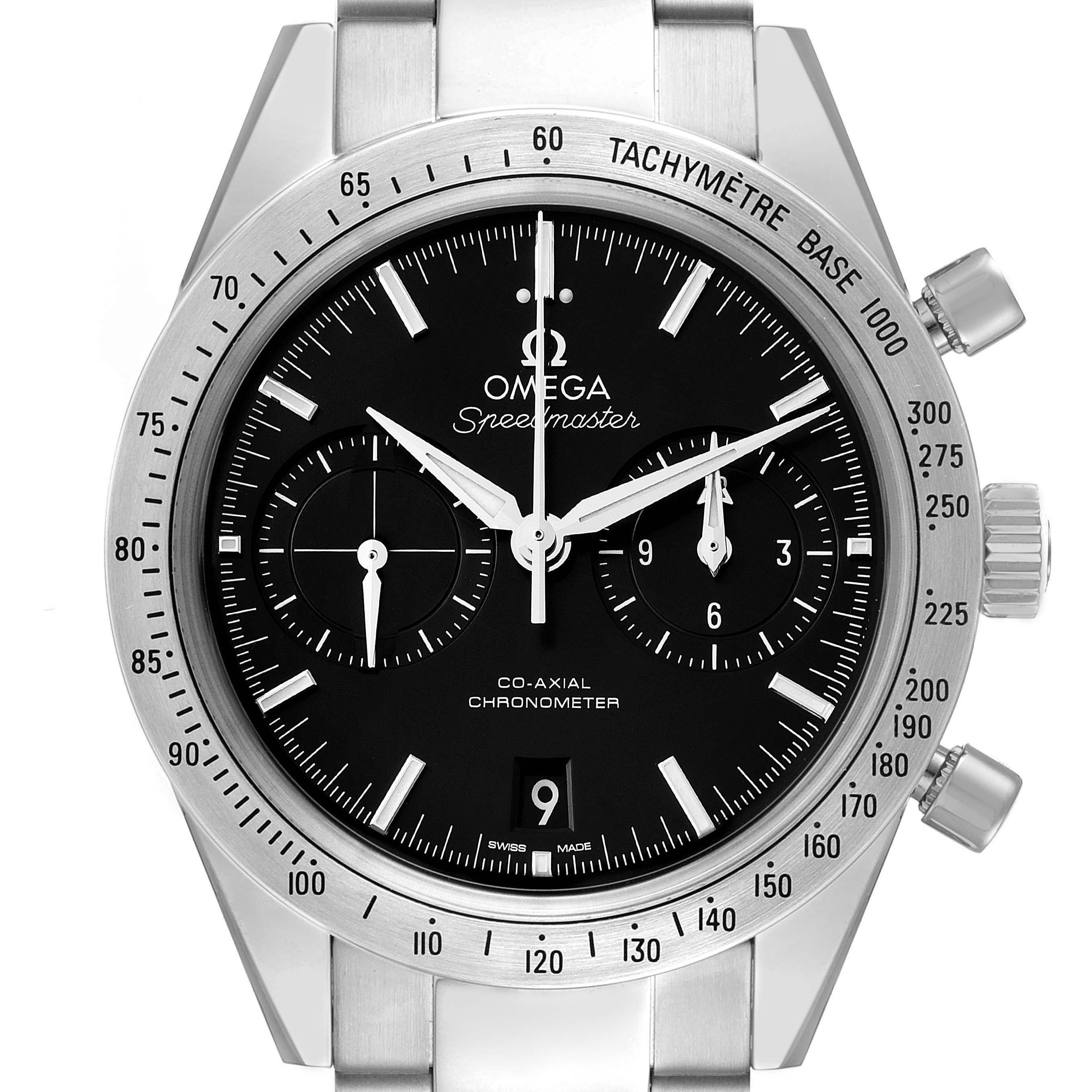 The Omega Speedmaster 331.10.42.51.01.001 Men
s Stainless Steel Black Dial watch is shown from the front, highlighting its dial, tachymeter bezel, and stainless steel bracelet.