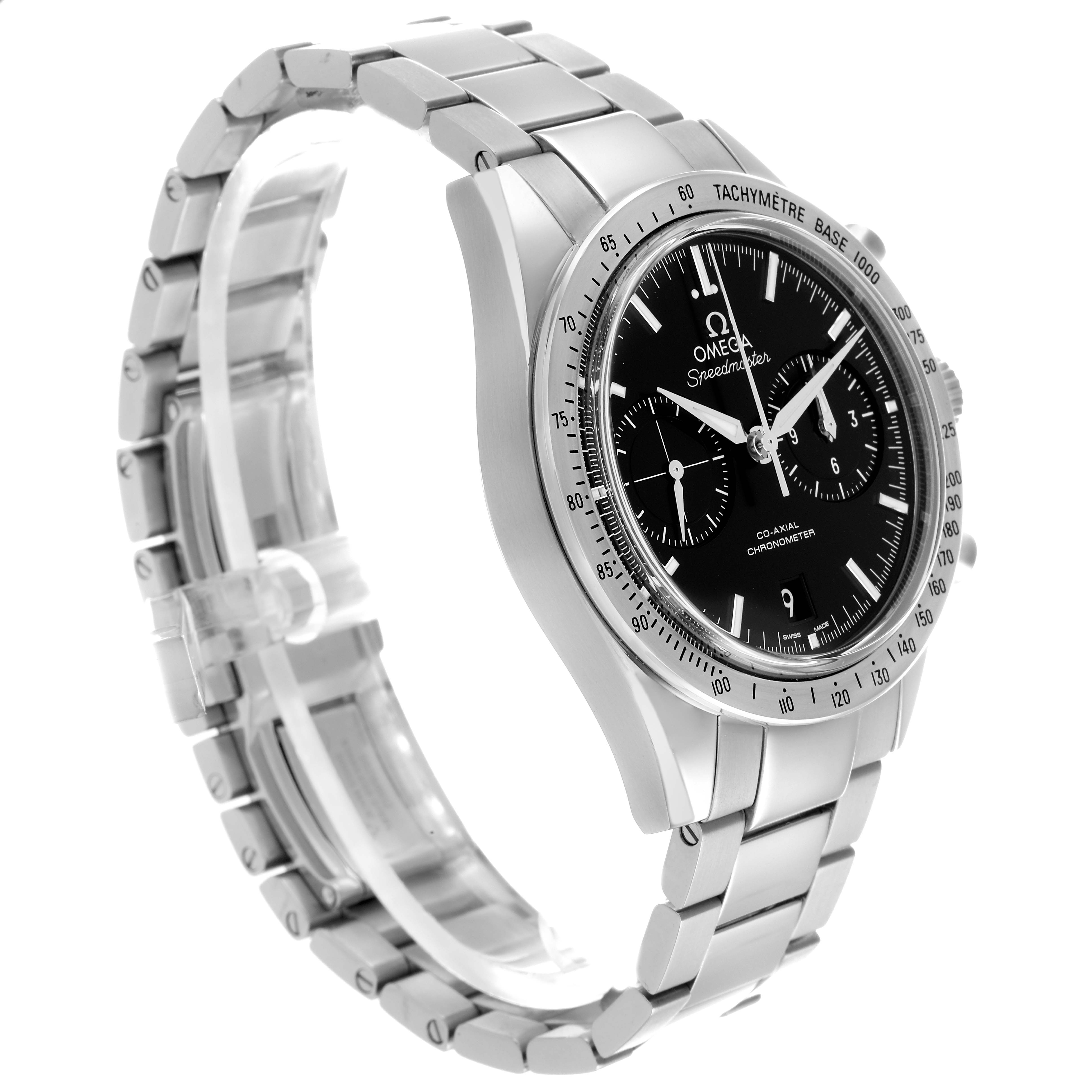 The Omega Speedmaster 331.10.42.51.01.001 Men
s Stainless Steel Black Dial watch is shown at a three-quarter angle, featuring the dial, bezel, and stainless steel bracelet.
