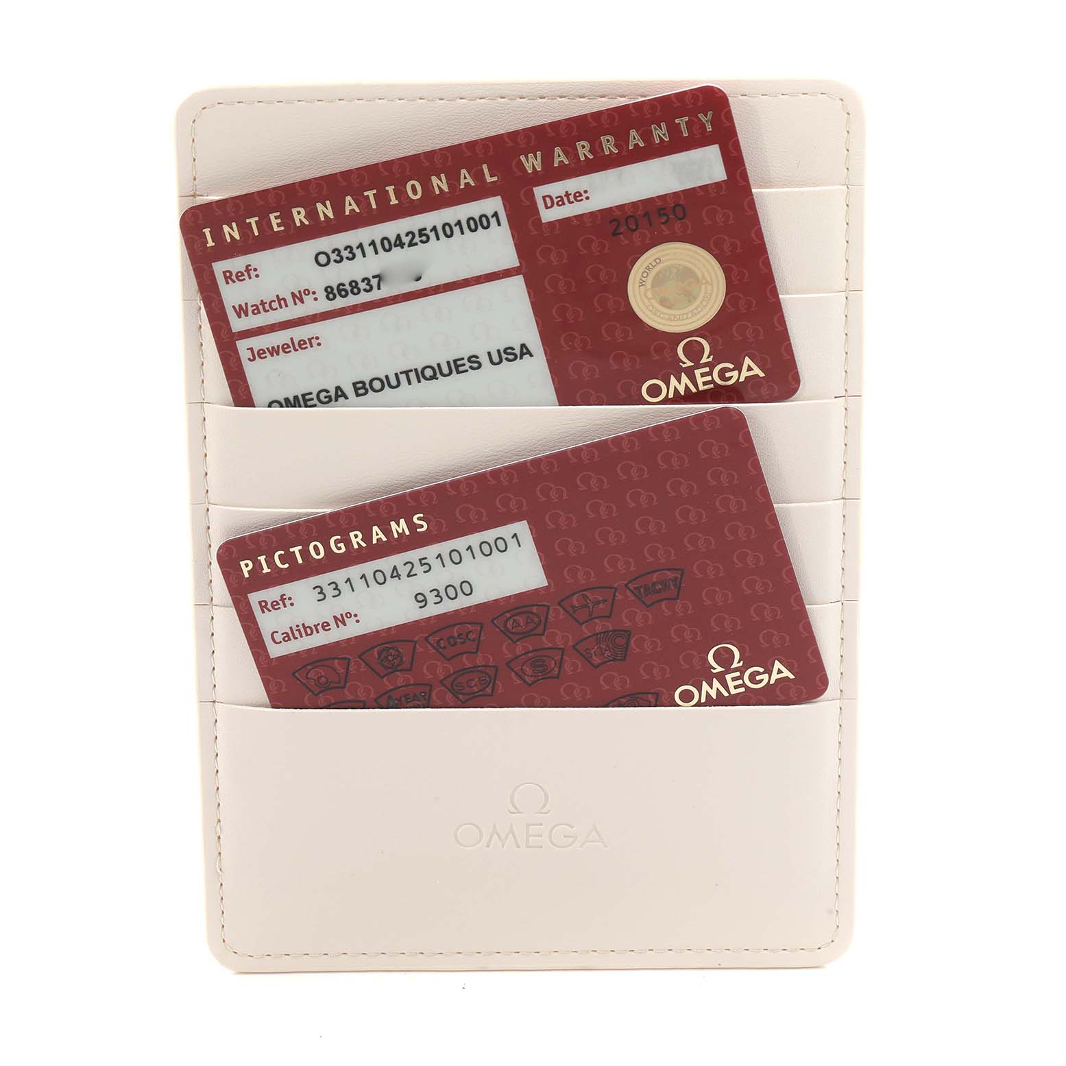 The image shows Omega Speedmaster 331.10.42.51.01.001 Men
s Stainless Steel Black Dial
s warranty and pictograms cards in a white holder, viewed from above.