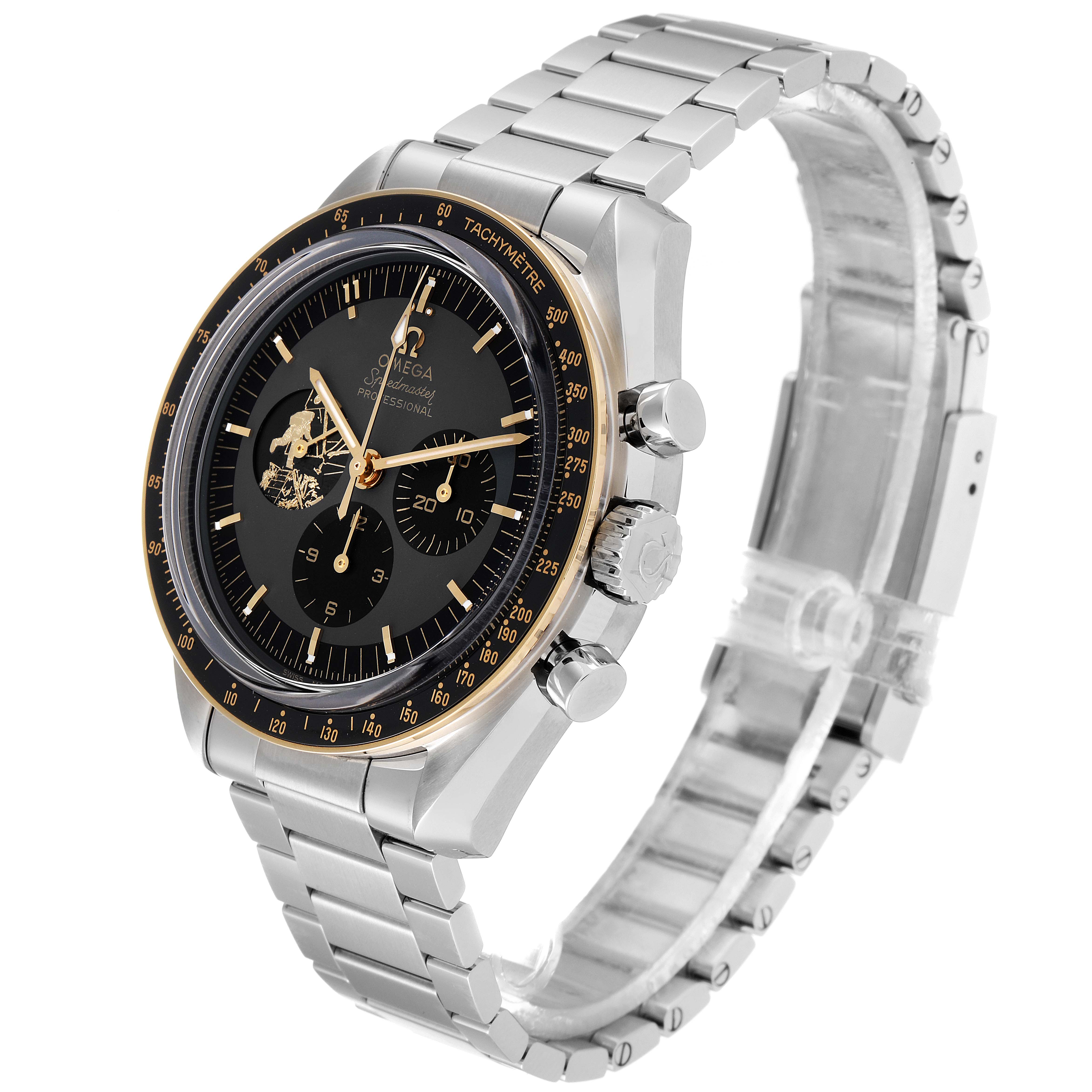 The image shows an Omega Speedmaster 310.20.42.50.01.001 Men's Stainless Steel Grey Dial 310.20.42.50.01.001 Men's Stainless Steel Grey Dial watch at a slight side angle, highlighting its dial, chronograph pushers, and stainless steel bracelet.