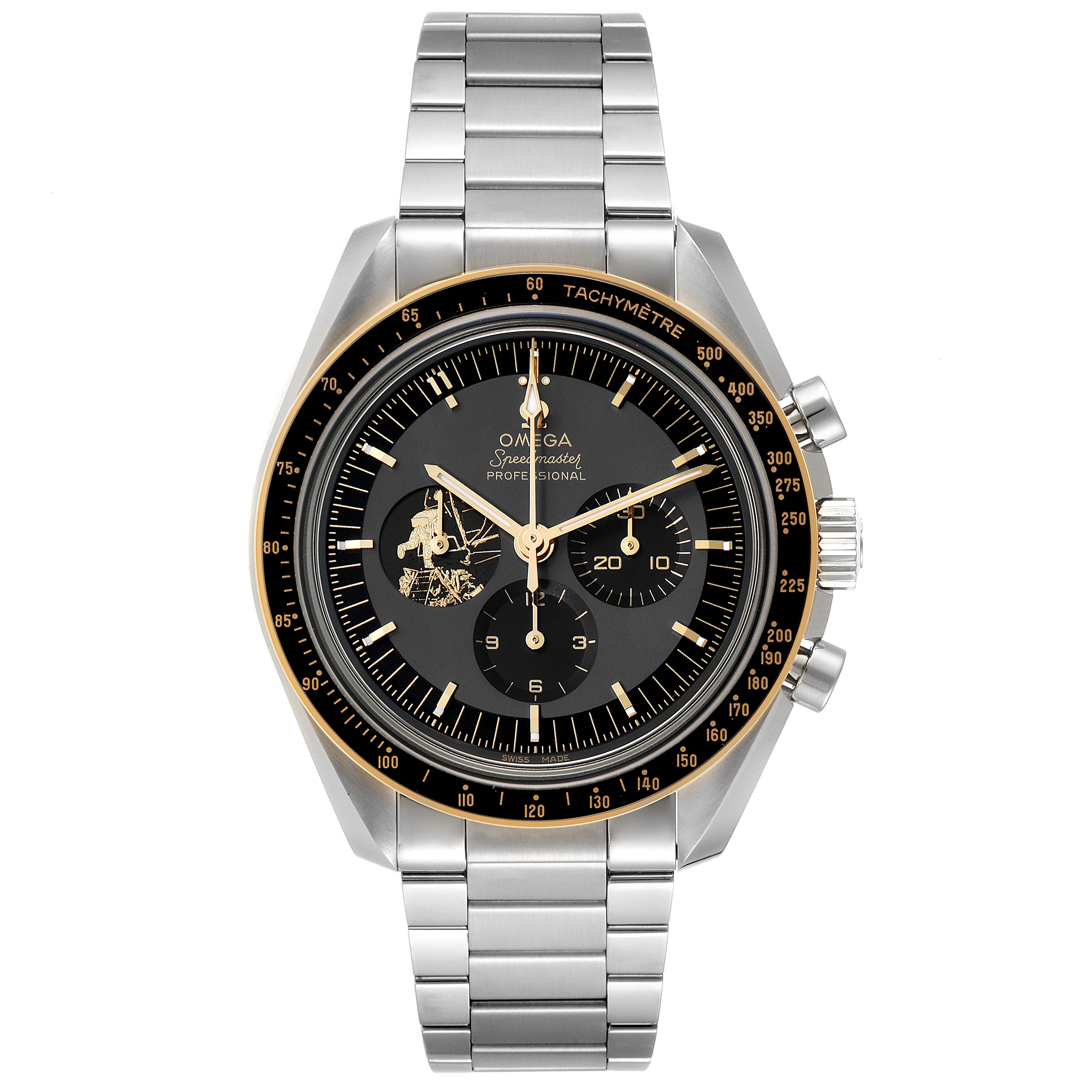 This image shows a front view of the Omega Speedmaster 310.20.42.50.01.001 Men's Stainless Steel Grey Dial 310.20.42.50.01.001 Men's Stainless Steel Grey Dial model, featuring its dial, bezel, push buttons, and metal bracelet.