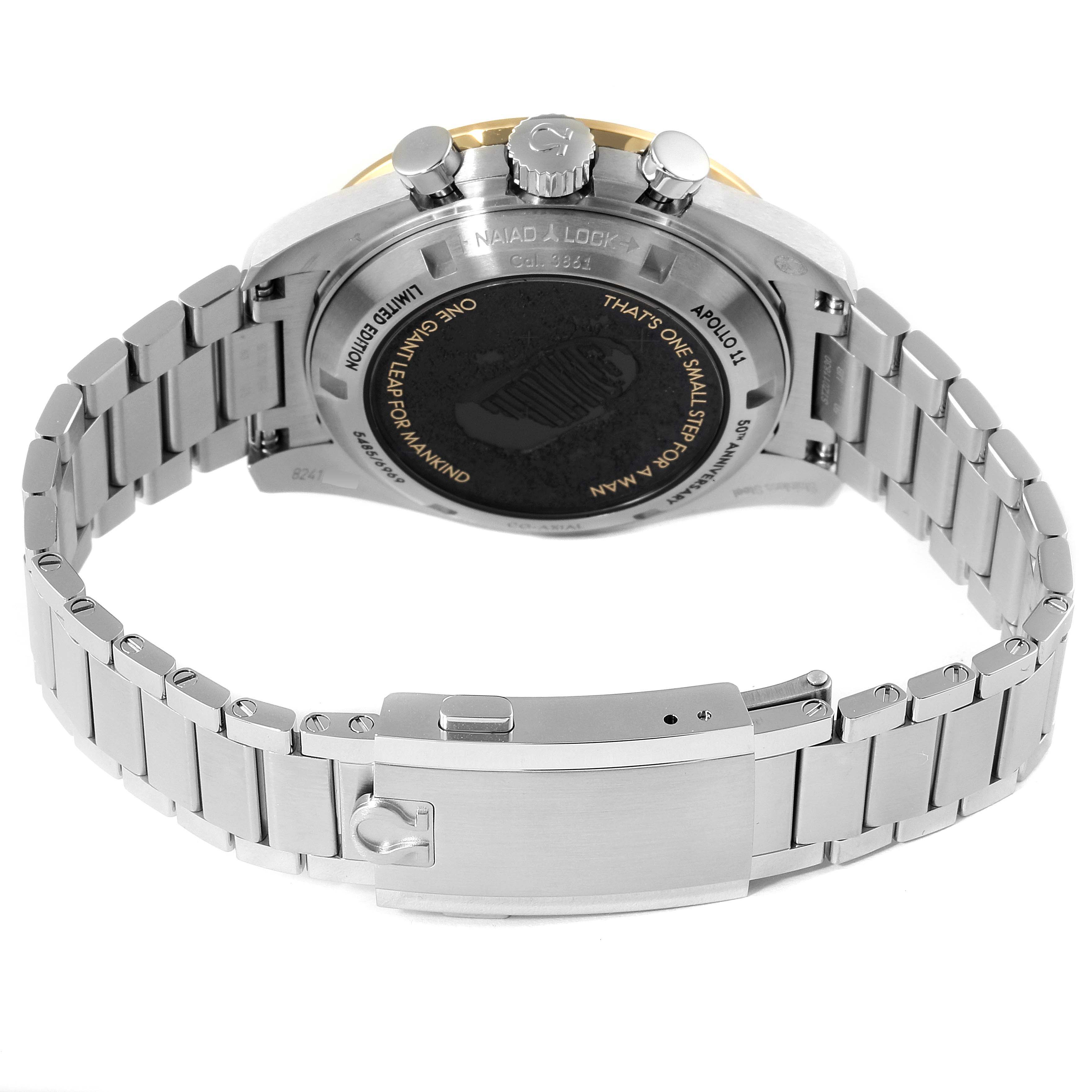 The image shows the case back and bracelet of an Omega Speedmaster 310.20.42.50.01.001 Men's Stainless Steel Grey Dial 310.20.42.50.01.001 Men's Stainless Steel Grey Dial watch, viewed from a rear angle.