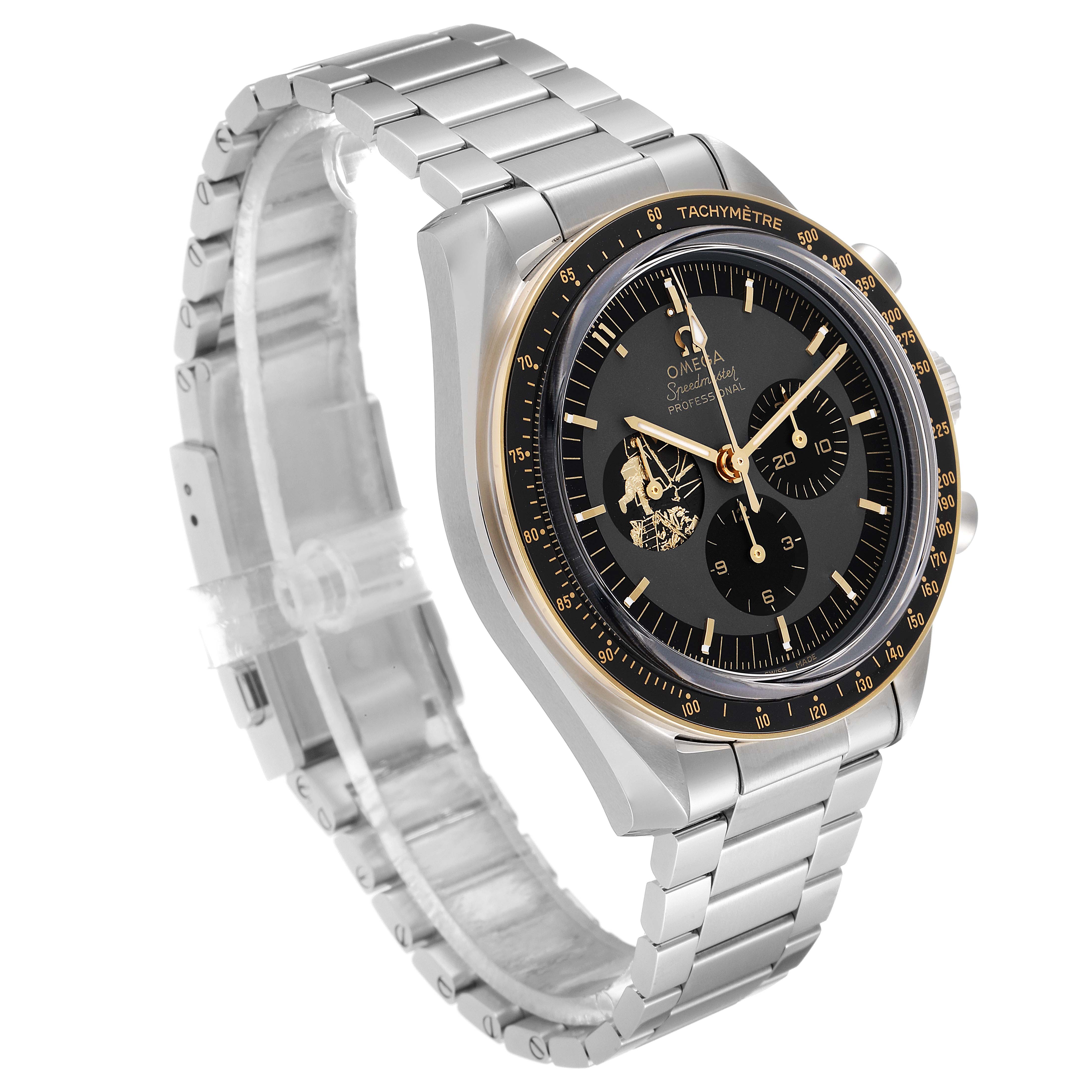 The Omega Speedmaster 310.20.42.50.01.001 Men's Stainless Steel Grey Dial 310.20.42.50.01.001 Men's Stainless Steel Grey Dial watch is shown at an angle, highlighting the face, tachymeter bezel, and stainless steel bracelet.