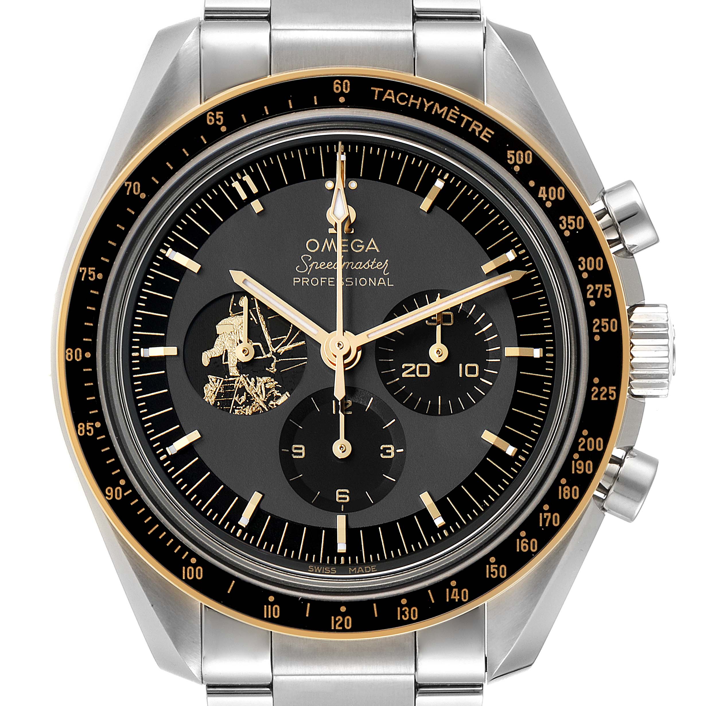 This is a front view of the Omega Speedmaster 310.20.42.50.01.001 Men's Stainless Steel Grey Dial 310.20.42.50.01.001 Men's Stainless Steel Grey Dial, showing the watch face, chronograph dials, and tachymeter bezel.