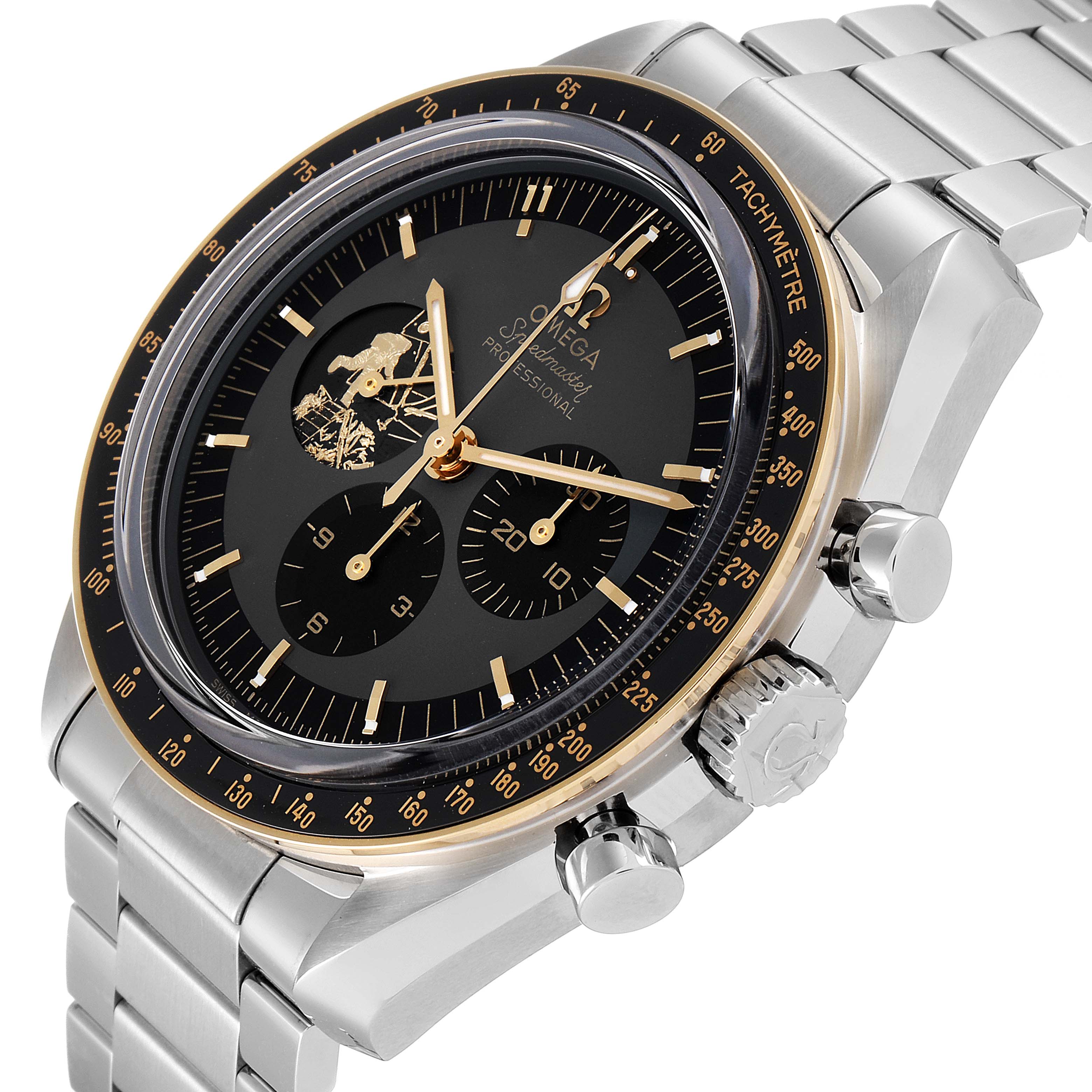 The image shows a close-up side-angle view of an Omega Speedmaster 310.20.42.50.01.001 Men's Stainless Steel Grey Dial 310.20.42.50.01.001 Men's Stainless Steel Grey Dial, displaying the dial, crown, pushers, and bracelet.