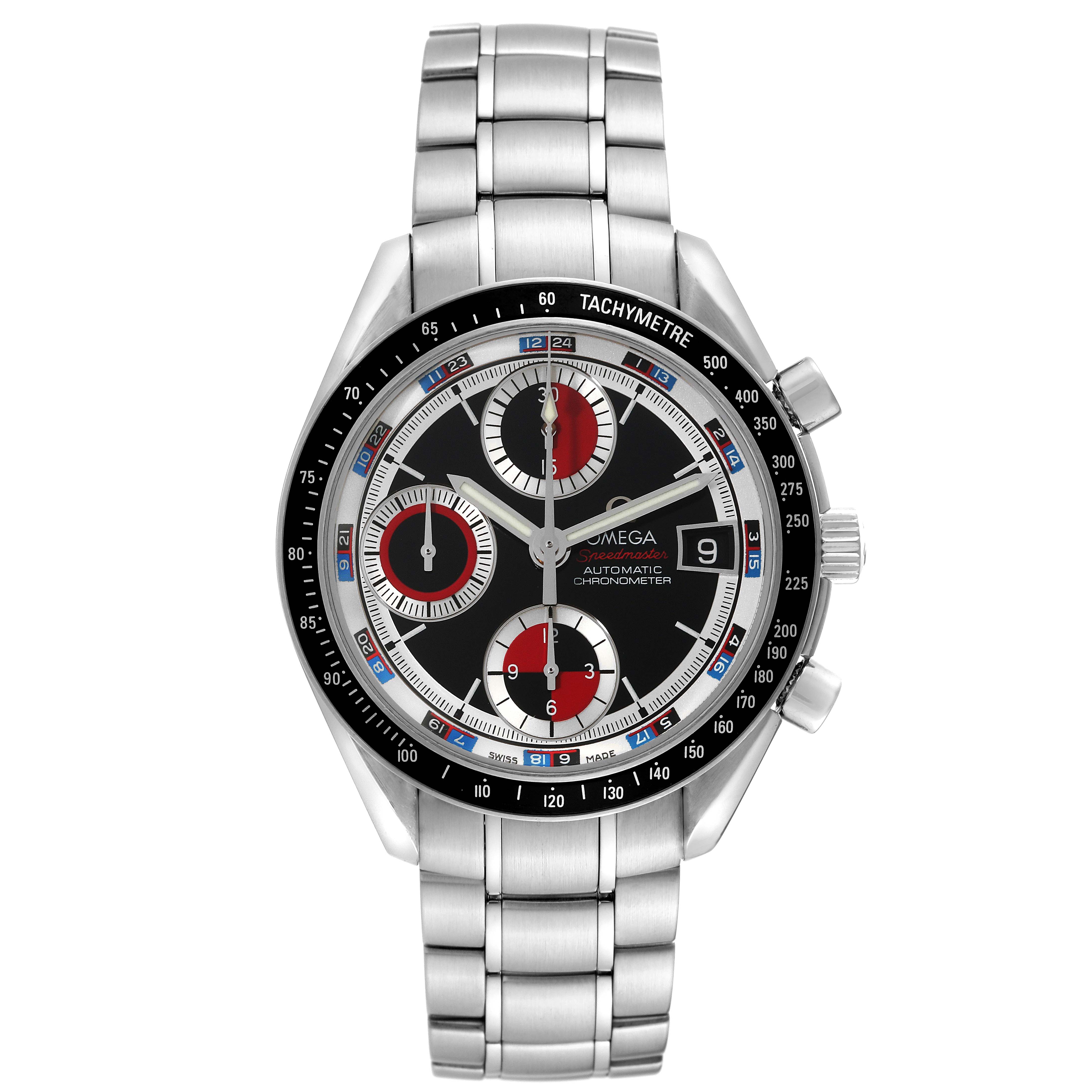 This image shows a front view of an Omega Speedmaster 3210.52.00 Men
s Stainless Steel Black Dial 3210.52.00 Men
s Stainless Steel Black Dial watch featuring the dial, tachymeter bezel, and bracelet.