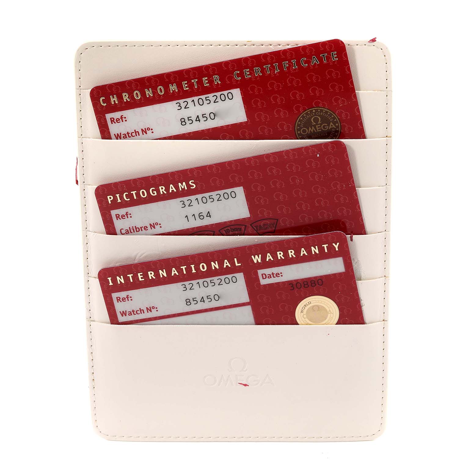 This image shows the chronometer certificate, pictograms, and international warranty cards for the Omega Speedmaster 3210.52.00 Men
s Stainless Steel Black Dial 3210.52.00 Men
s Stainless Steel Black Dial.