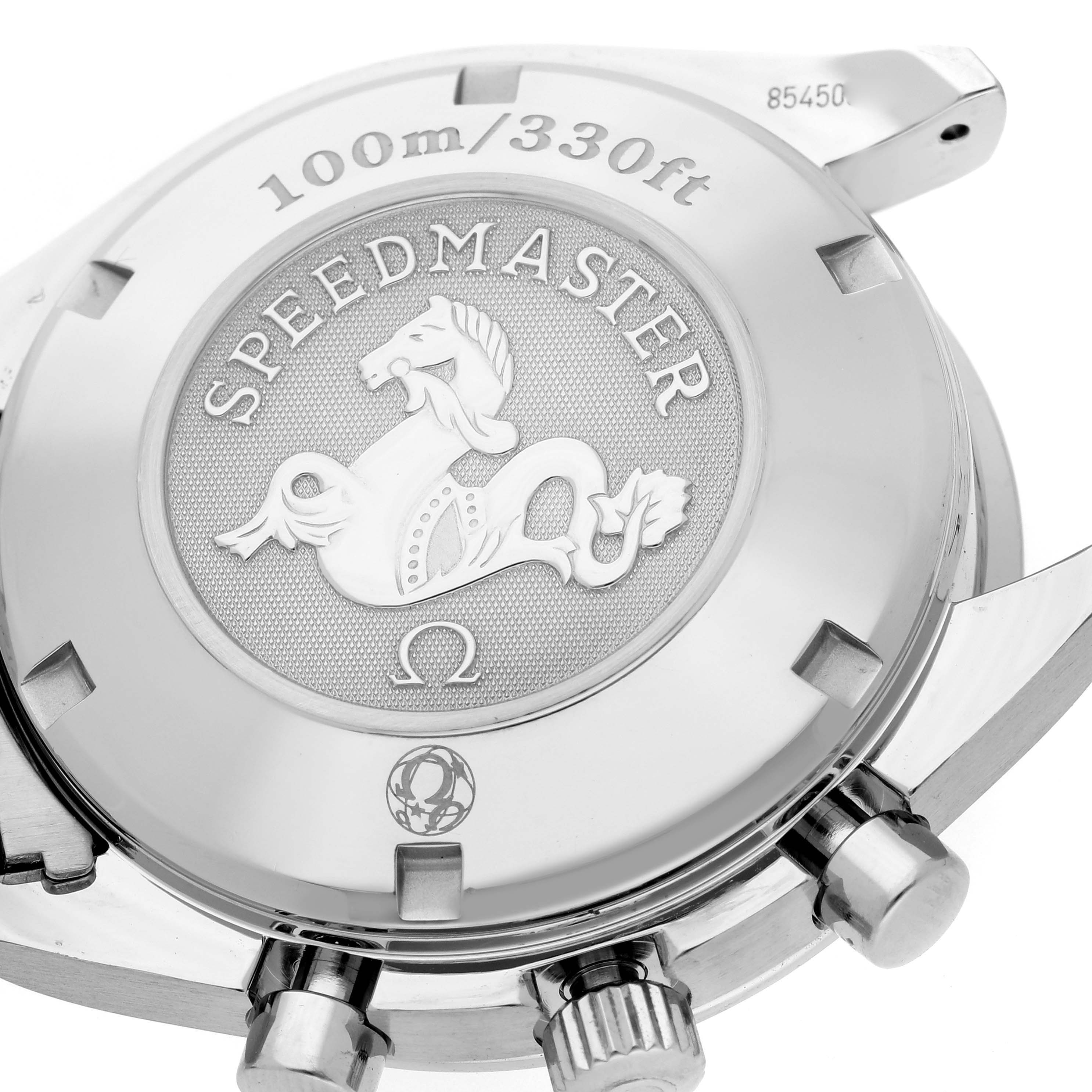 The image shows the back case and side crowns of an Omega Speedmaster 3210.52.00 Men
s Stainless Steel Black Dial 3210.52.00 Men
s Stainless Steel Black Dial watch, highlighting its engraving and water resistance.