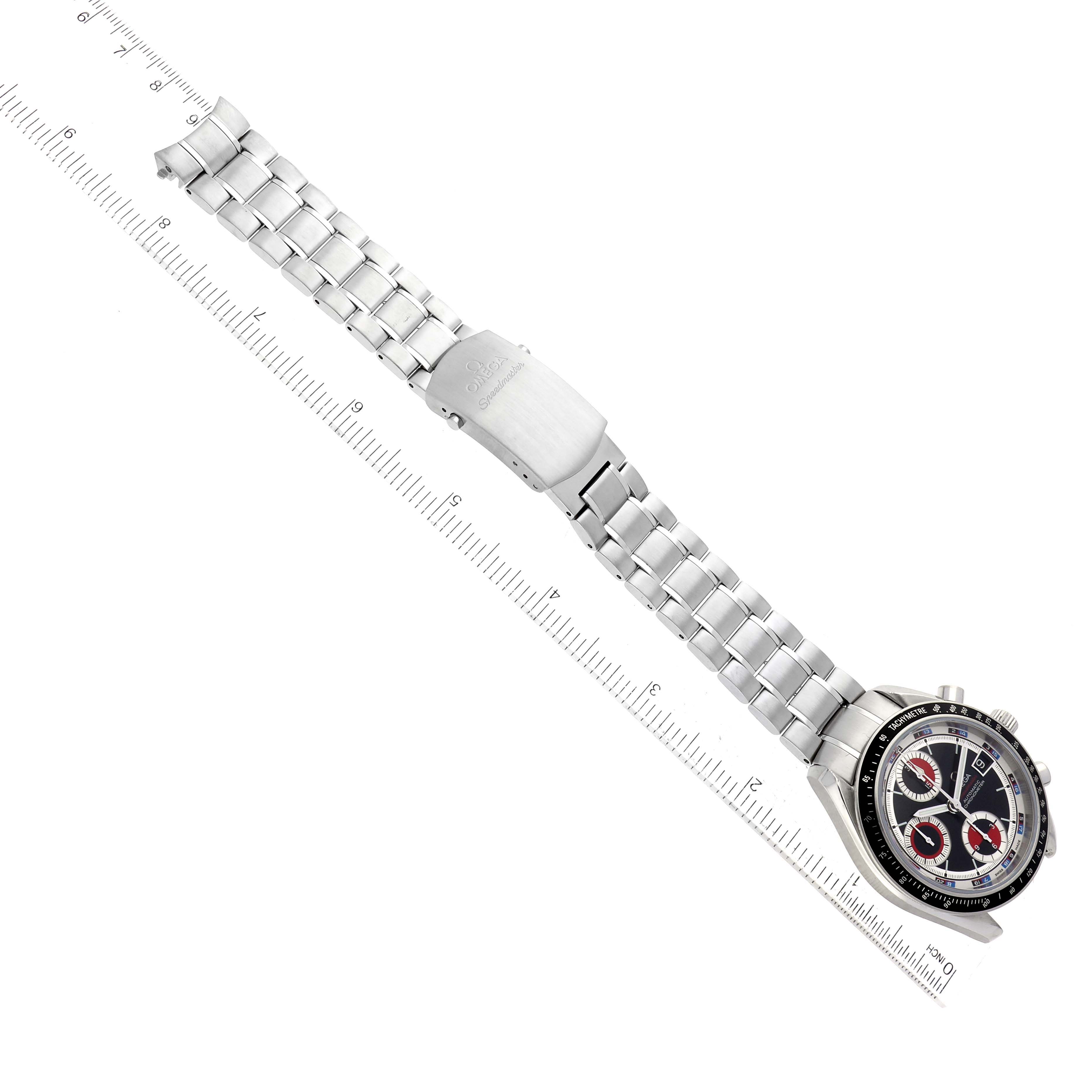 The image shows an Omega Speedmaster 3210.52.00 Men
s Stainless Steel Black Dial 3210.52.00 Men
s Stainless Steel Black Dial watch from a top-down angle, displaying the face, bezel, and metal bracelet with a clasp.