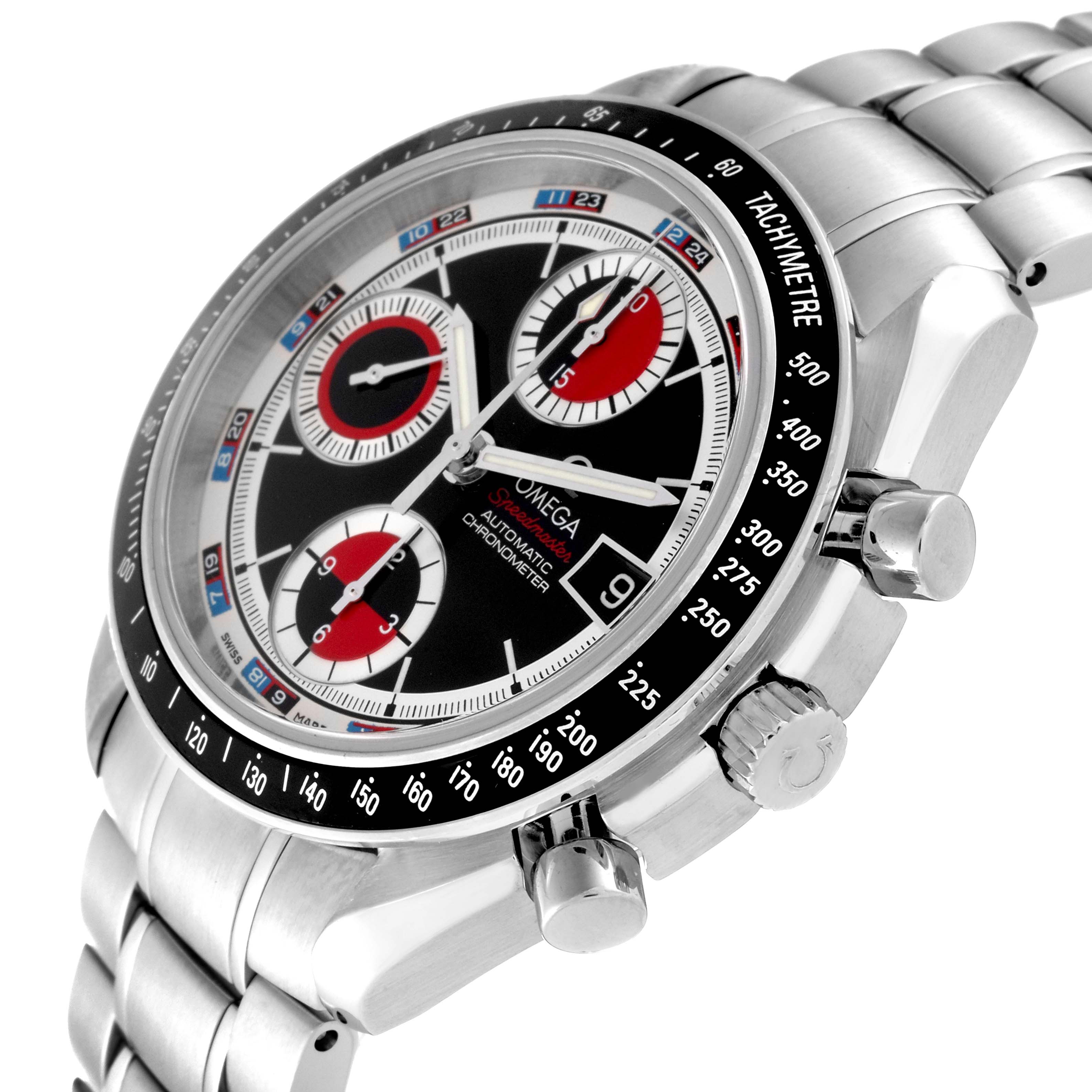 The image shows the Omega Speedmaster 3210.52.00 Men
s Stainless Steel Black Dial 3210.52.00 Men
s Stainless Steel Black Dial watch at a 3/4 angle, highlighting the bezel, dial, pushers, and part of the bracelet.