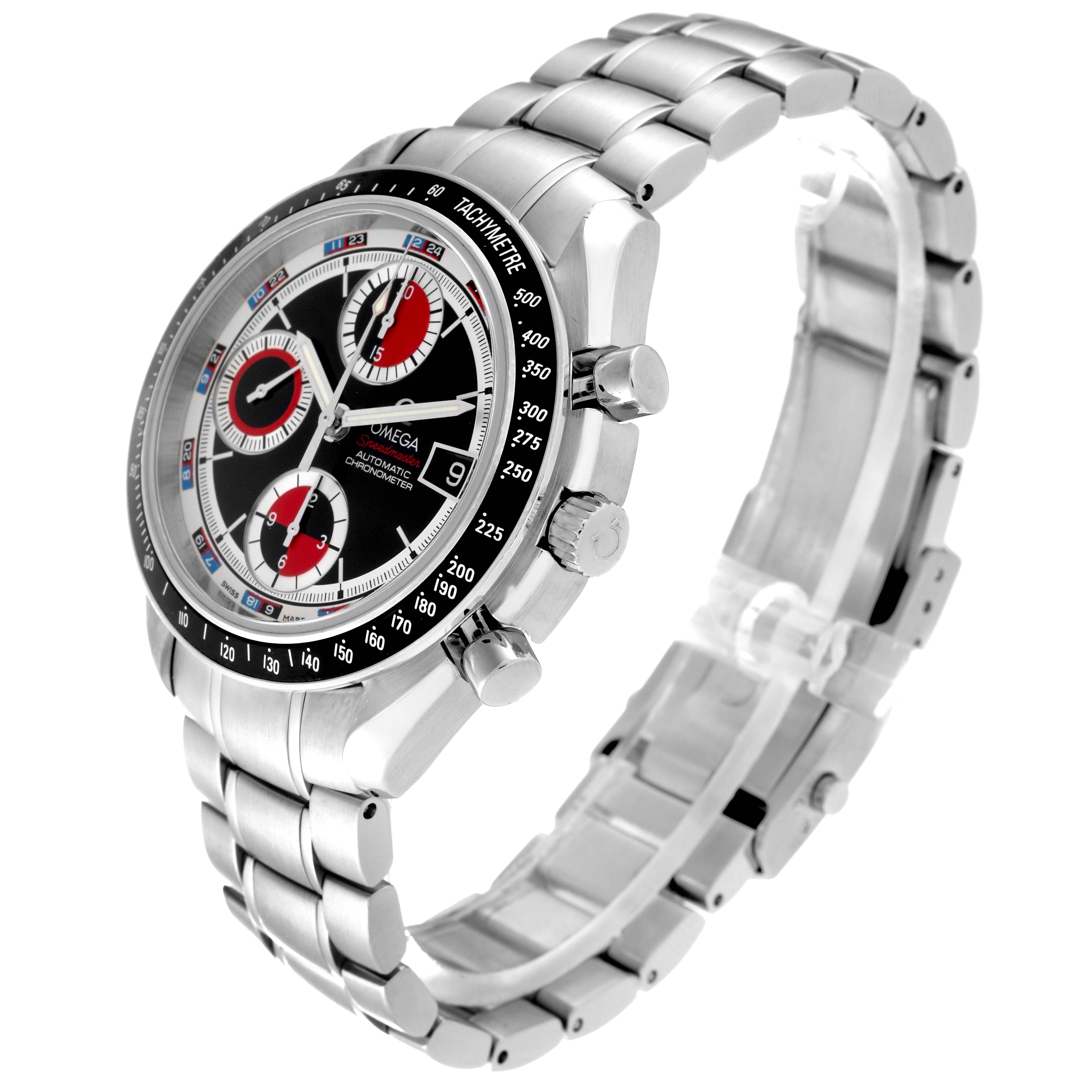 The image shows an angled side view of the Omega Speedmaster 3210.52.00 Men
s Stainless Steel Black Dial 3210.52.00 Men
s Stainless Steel Black Dial watch, highlighting the face, three subdials, crown, and metal bracelet.