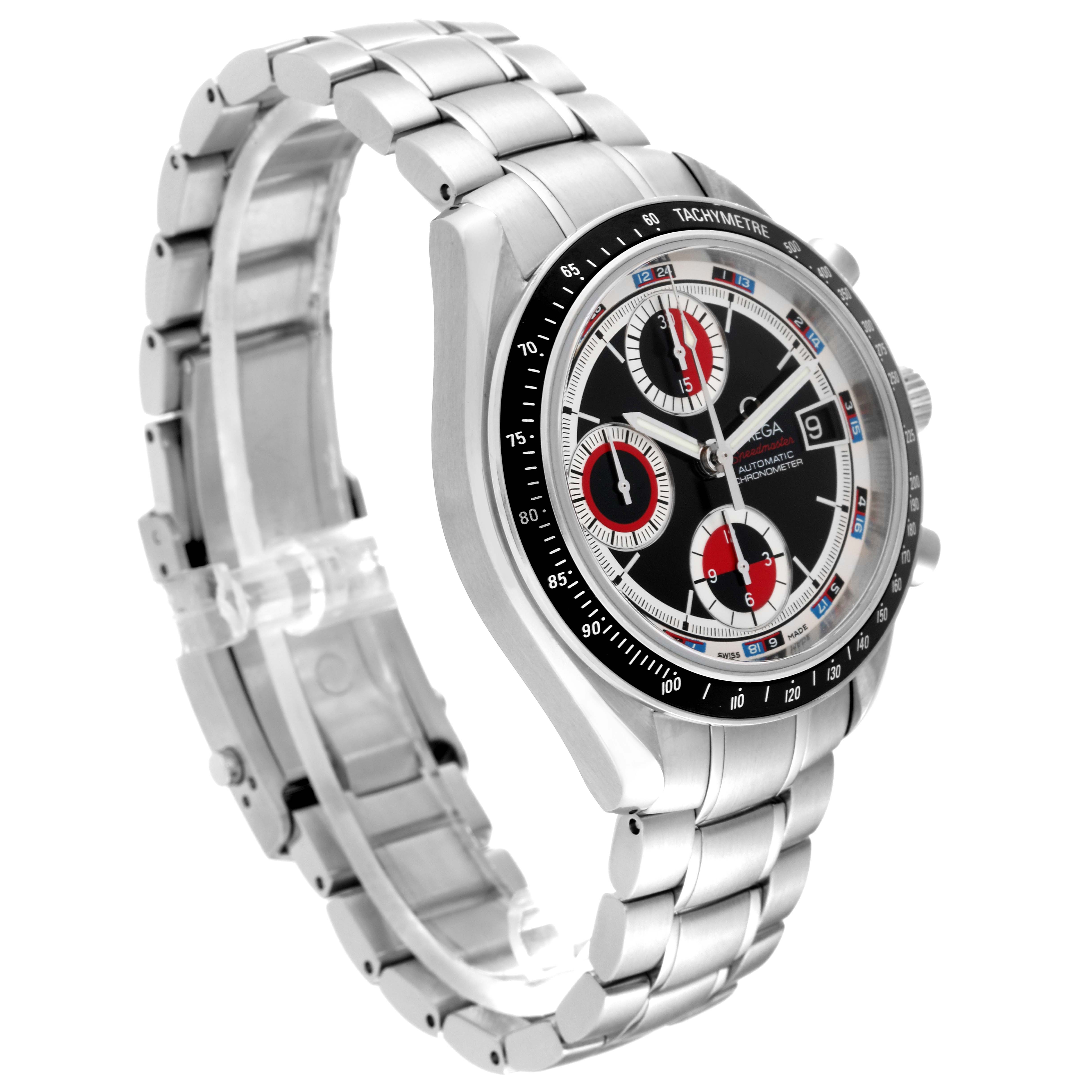 The image displays a side view of the Omega Speedmaster 3210.52.00 Men
s Stainless Steel Black Dial 3210.52.00 Men
s Stainless Steel Black Dial watch, highlighting its stainless steel bracelet, tachymeter, and chronograph dials.