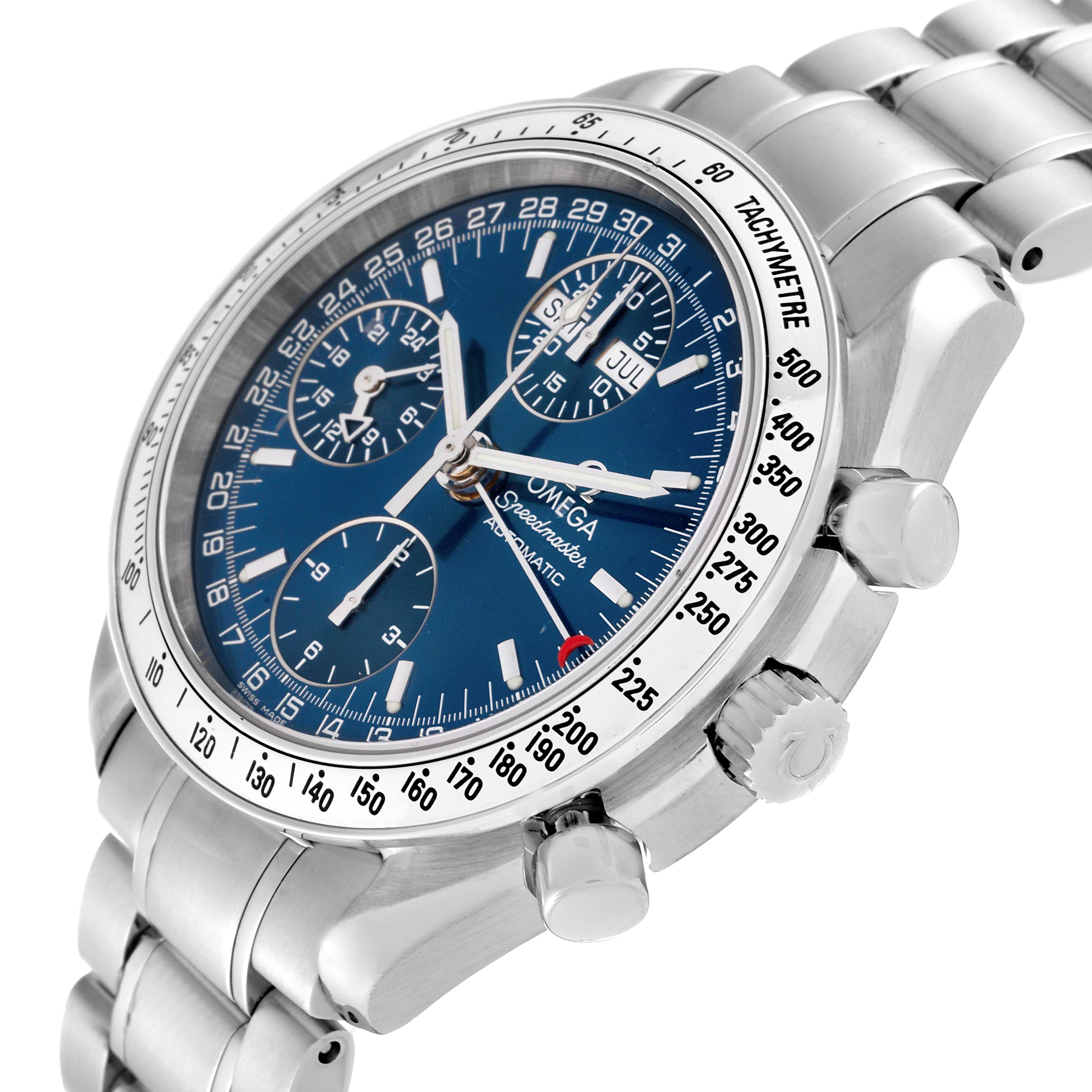 The Omega Speedmaster 3523.80.00 Men
s Stainless Steel Blue Dial 3523.80.00 Men
s Stainless Steel Blue Dial watch is shown at a tilted angle, highlighting the dial, chronograph subdials, bezel, and steel bracelet.