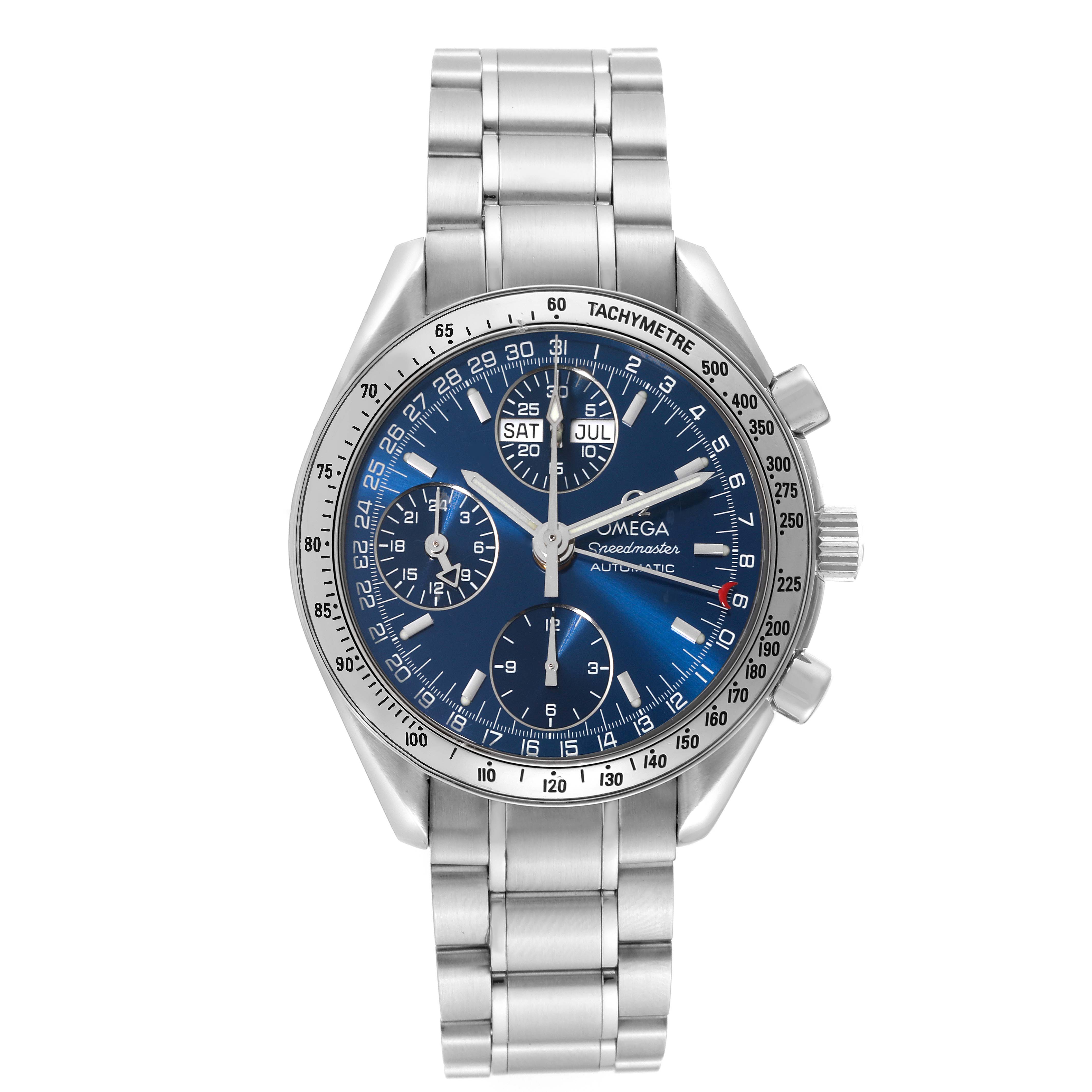 The image shows a front view of an Omega Speedmaster 3523.80.00 Men
s Stainless Steel Blue Dial 3523.80.00 Men
s Stainless Steel Blue Dial watch with a blue dial and steel bracelet.
