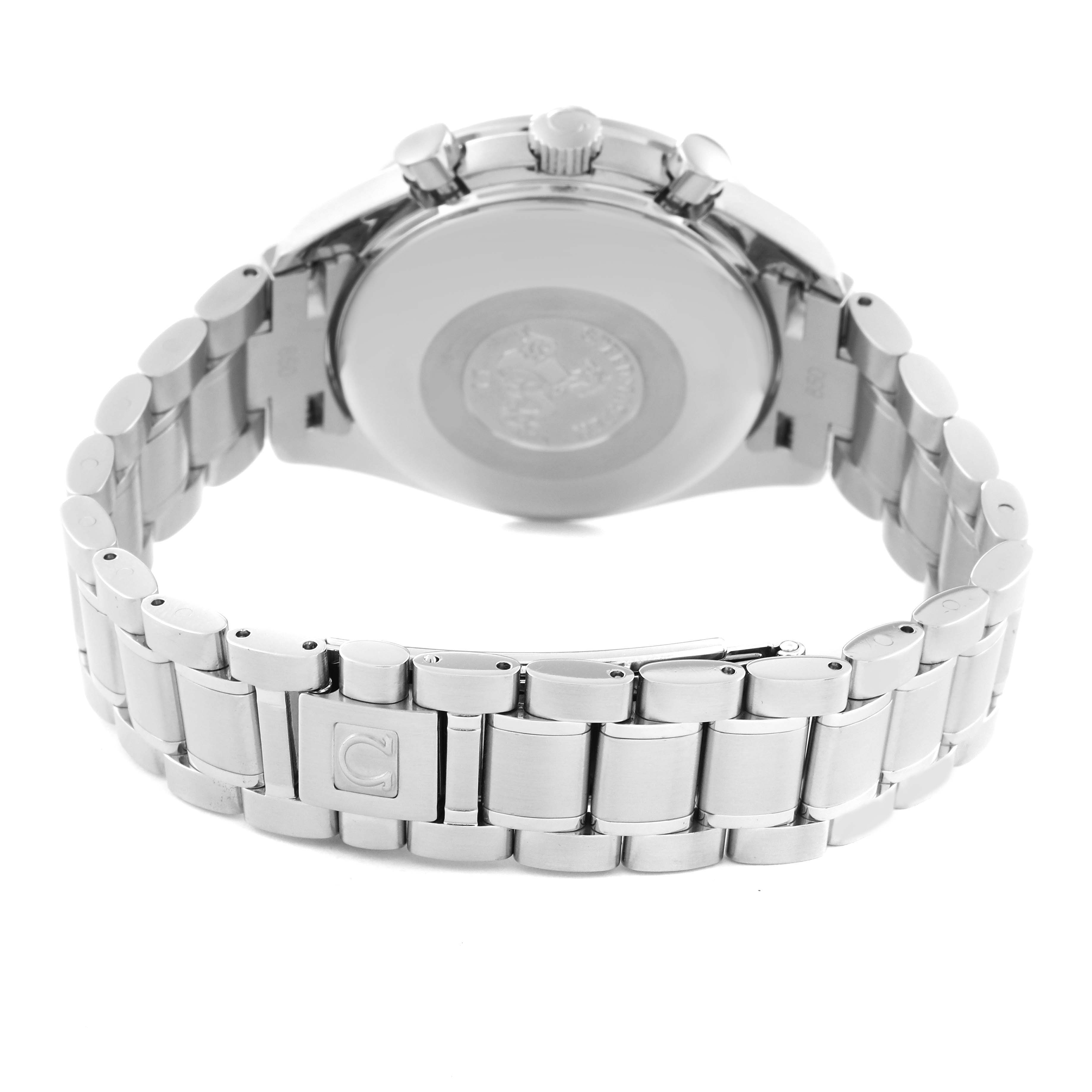 This image shows the back case and bracelet of an Omega Speedmaster 3523.80.00 Men
s Stainless Steel Blue Dial 3523.80.00 Men
s Stainless Steel Blue Dial watch from a rear angle.