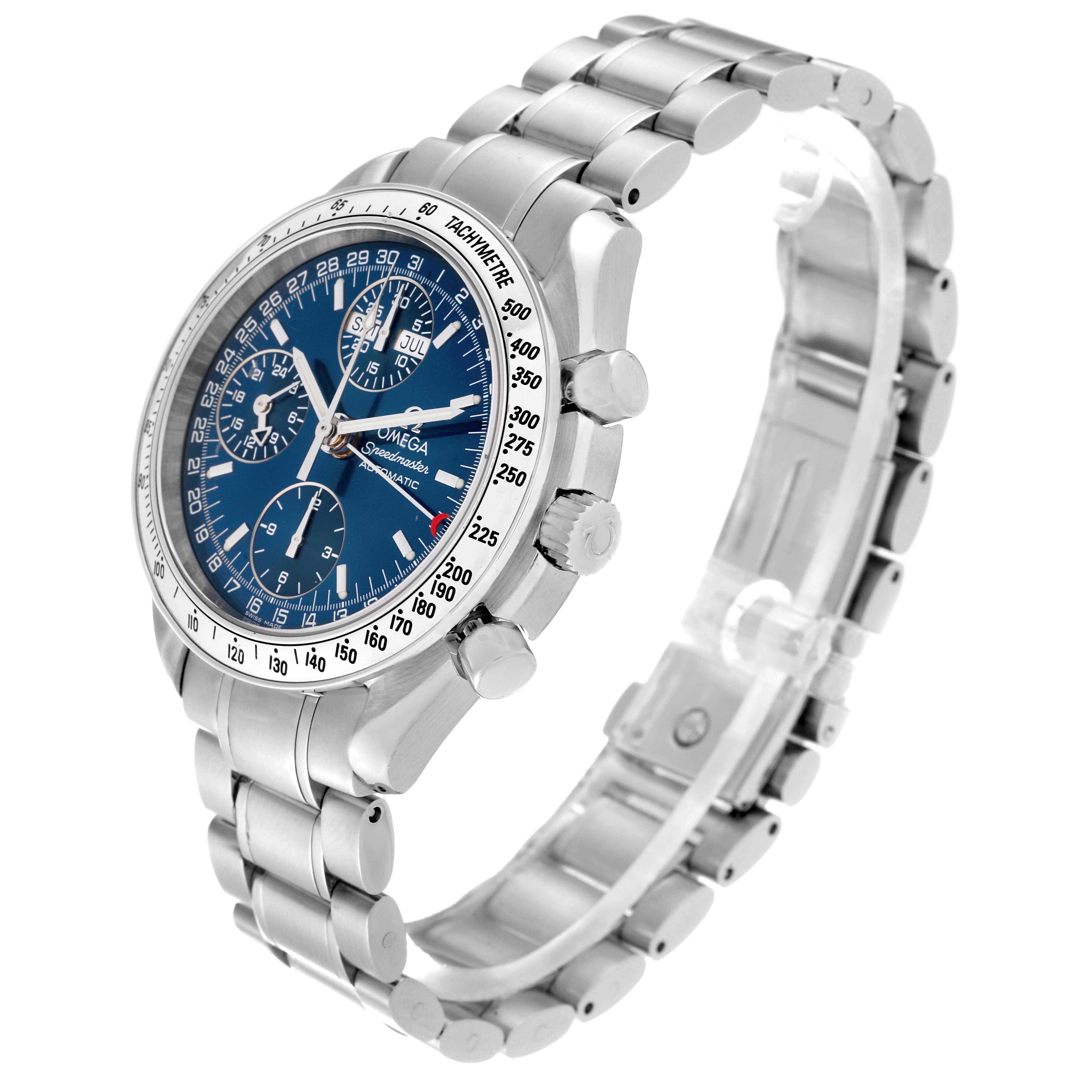 The Omega Speedmaster 3523.80.00 Men
s Stainless Steel Blue Dial 3523.80.00 Men
s Stainless Steel Blue Dial watch is shown at a three-quarter angle, displaying the dial, bezel, pushers, and stainless steel bracelet.