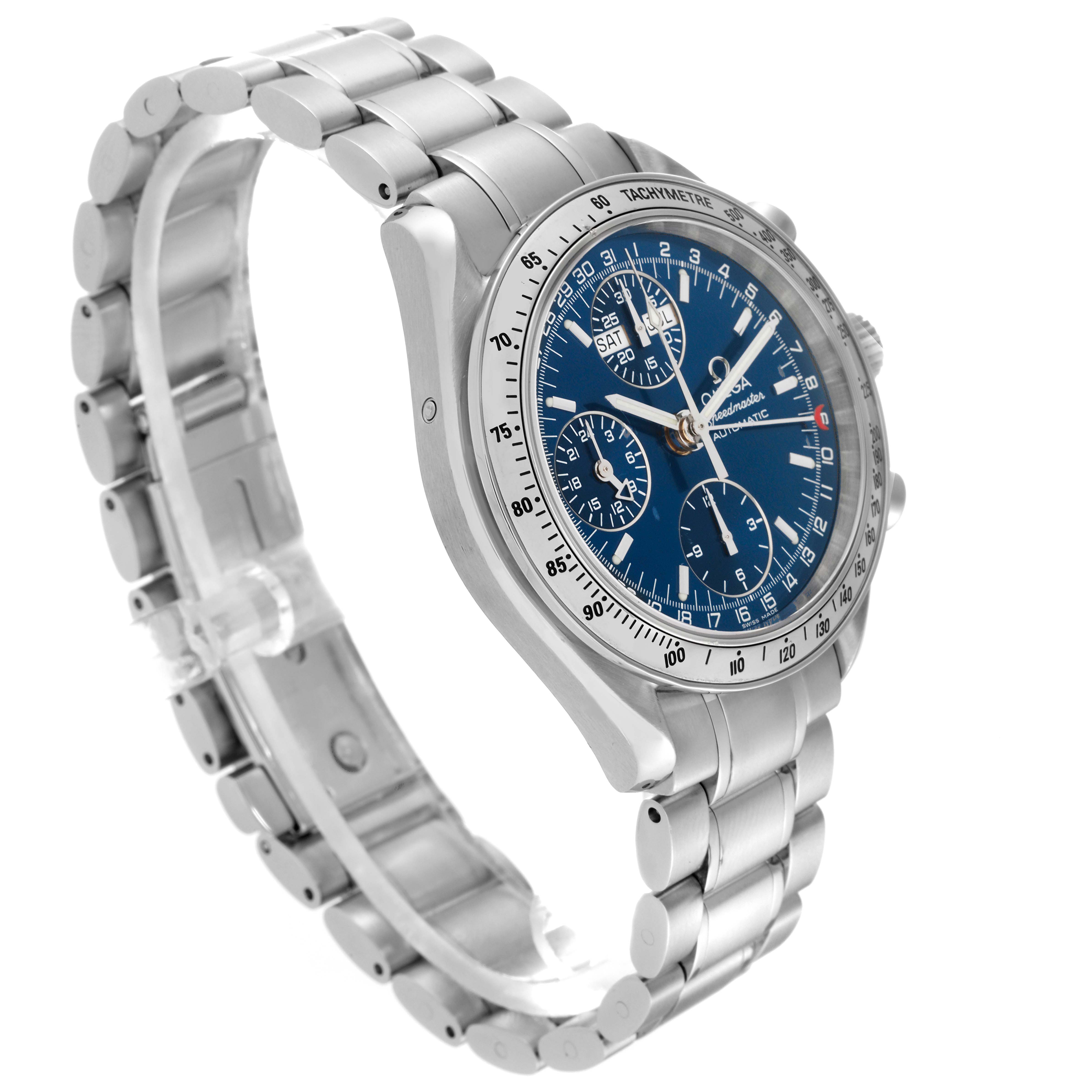 The Omega Speedmaster 3523.80.00 Men
s Stainless Steel Blue Dial 3523.80.00 Men
s Stainless Steel Blue Dial watch is shown at an angled side view, displaying its stainless steel bracelet and blue dial with three subdials.