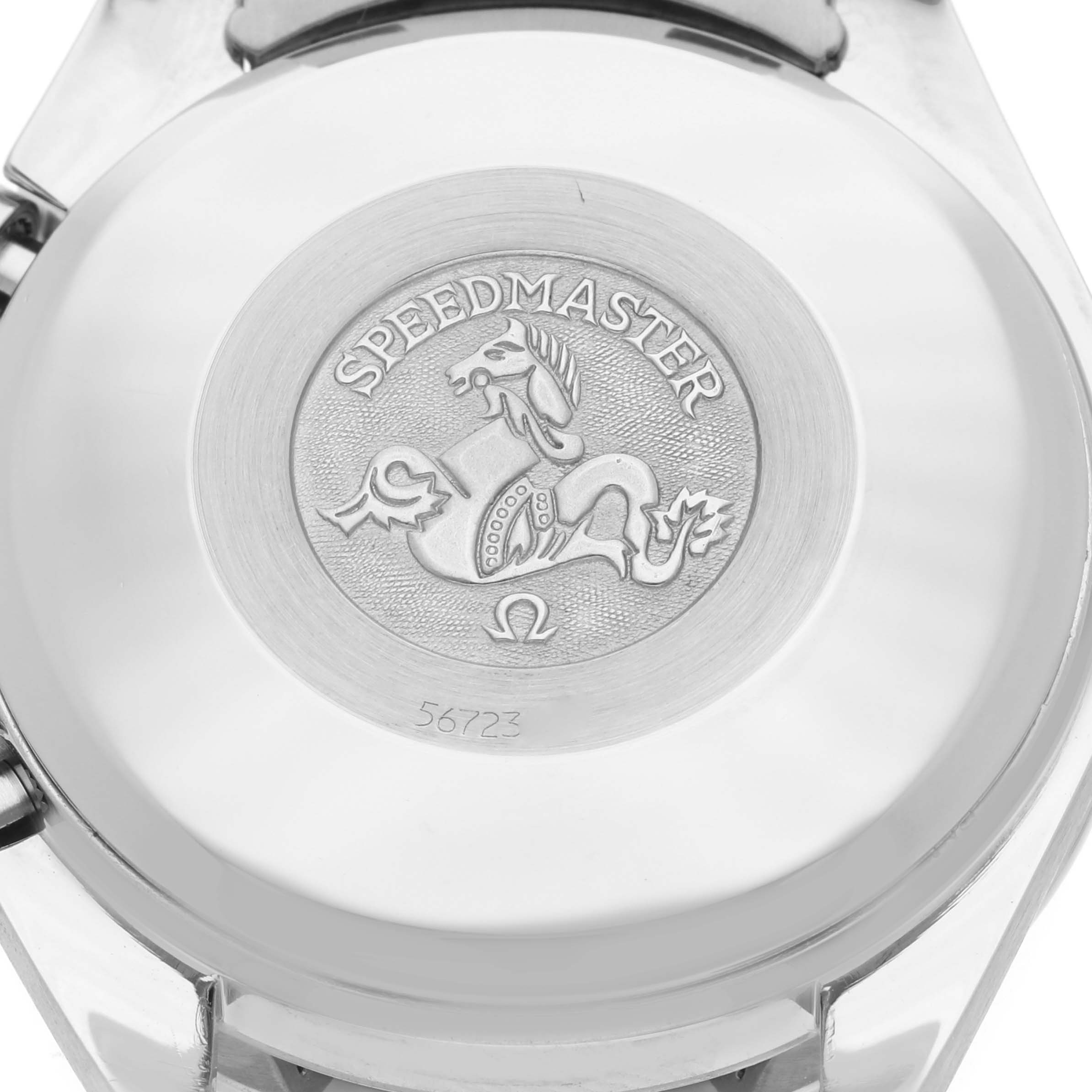 The image shows the case back of an Omega Speedmaster 3513.33.00 Men
s Stainless Steel Silver Dial 3513.33.00 Men
s Stainless Steel Silver Dial watch, featuring the model
s logo and engraving.