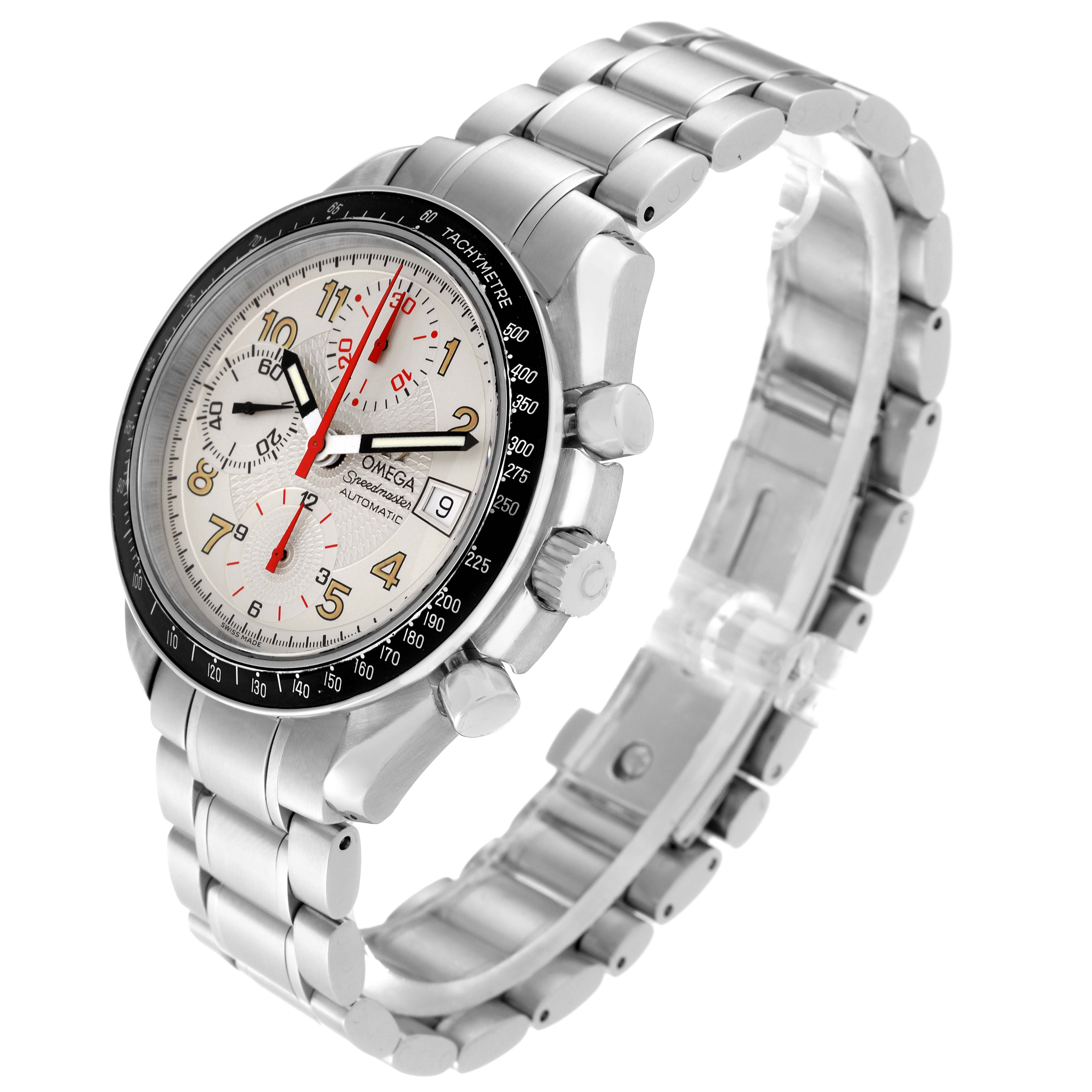 The image shows a side angle of the Omega Speedmaster 3513.33.00 Men
s Stainless Steel Silver Dial 3513.33.00 Men
s Stainless Steel Silver Dial watch, highlighting the dial, push-buttons, and stainless steel bracelet.