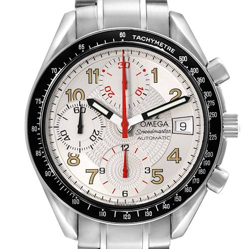 This Omega Speedmaster watch is shown from the front, displaying its silver dial, tachymeter bezel, date window, and subdials.