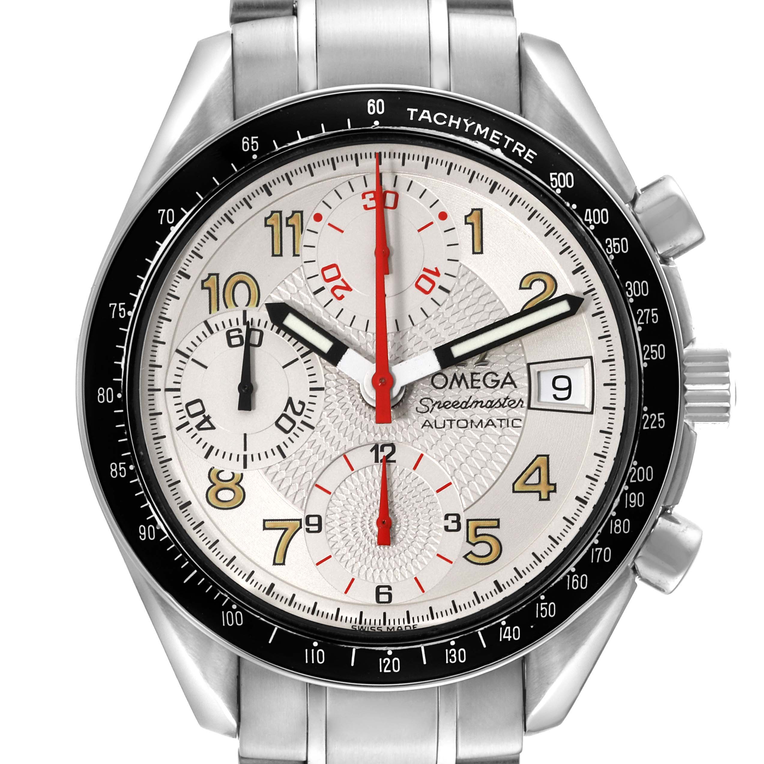 The Omega Speedmaster 3513.33.00 Men
s Stainless Steel Silver Dial 3513.33.00 Men
s Stainless Steel Silver Dial watch is shown from the front, displaying its dial, tachymeter bezel, sub-dials, and date window.