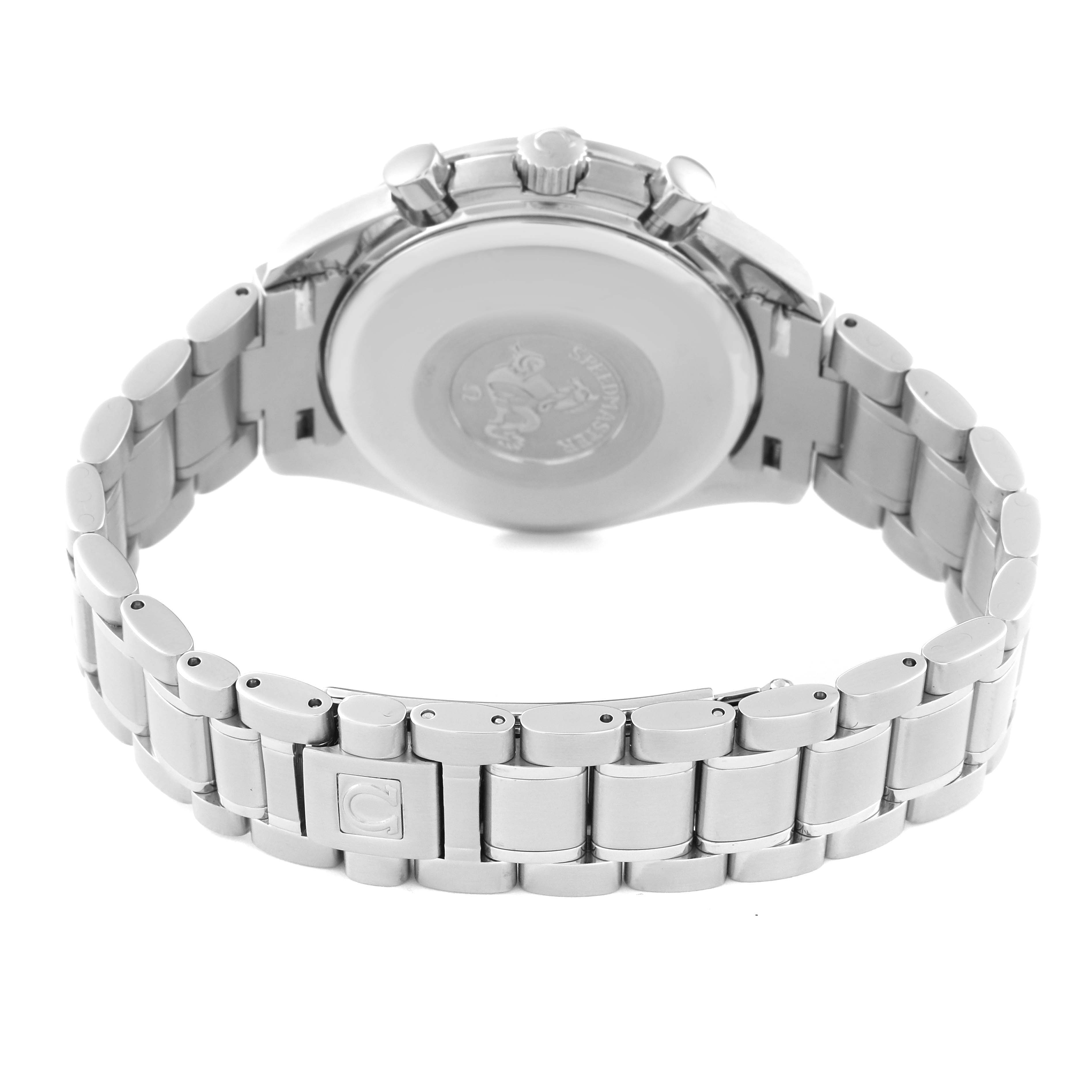 This image shows the back view of the Speedmaster model by Omega, including the stainless steel case back and bracelet.